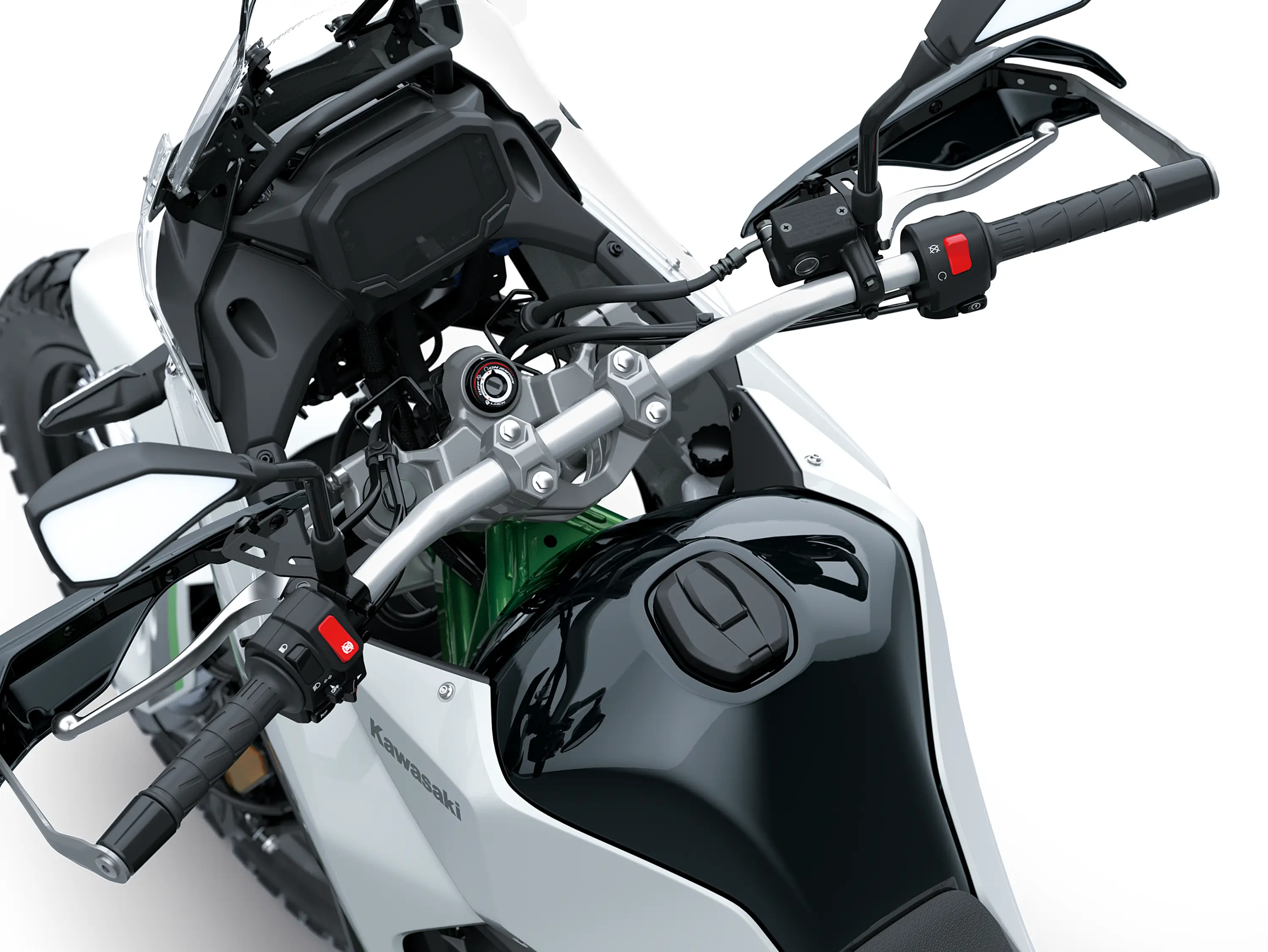 Handlebars of a motorcycle staged in a white studio background.