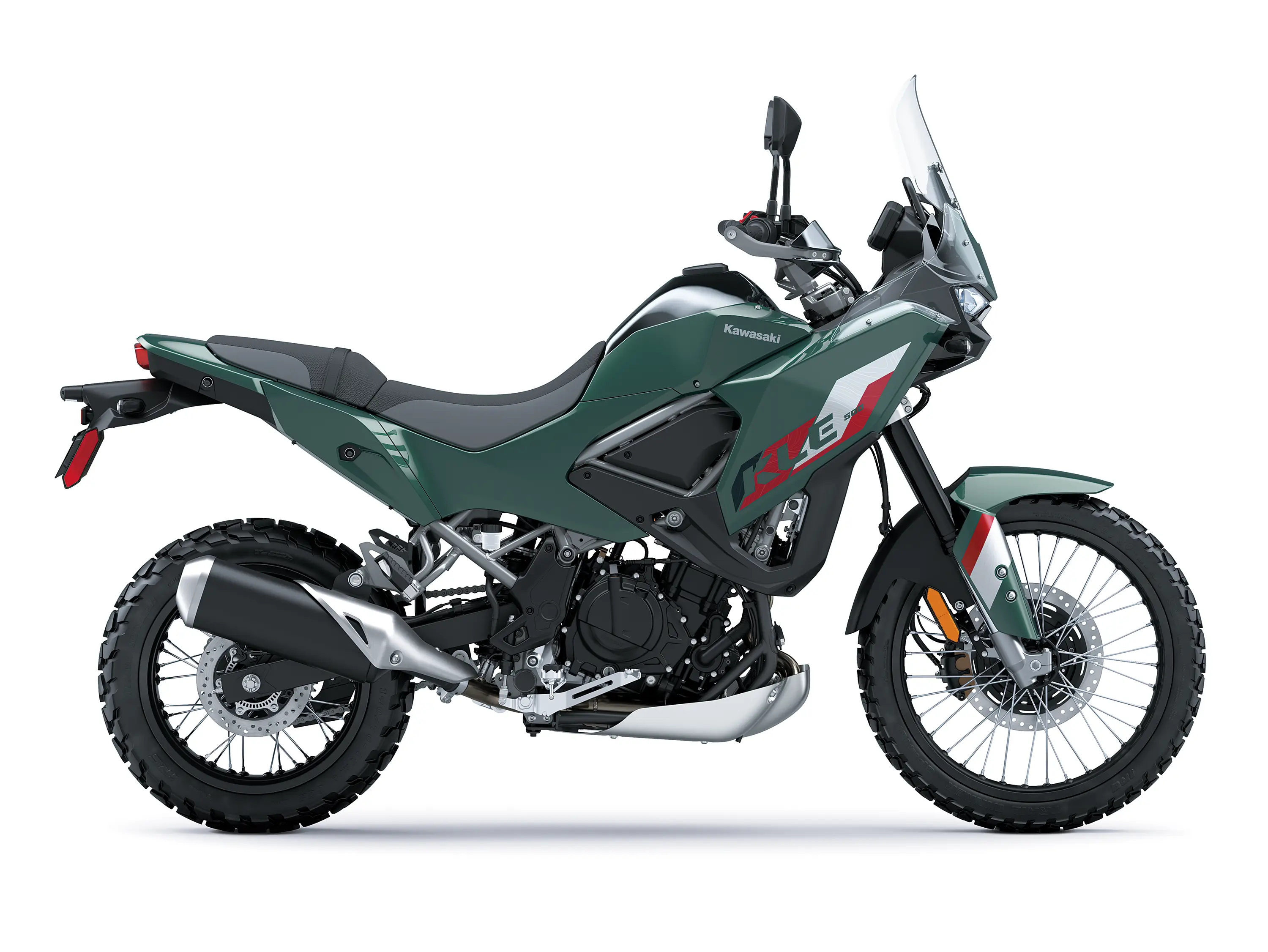 Profile angle of a gray/green motorcycle staged in a white studio background.