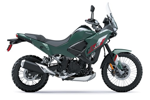 Profile angle of a gray/green motorcycle staged in a white studio background. opens in a new window