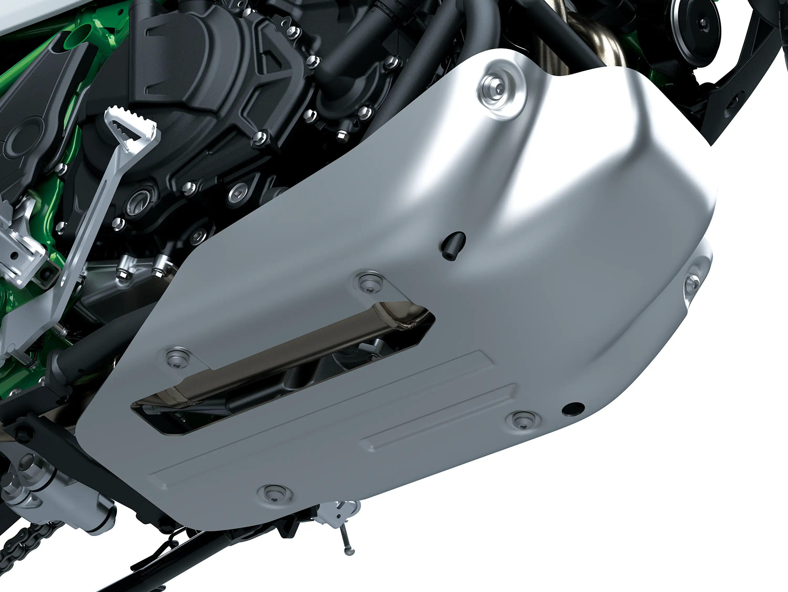 Underside of a motorcycle staged in a white studio background.