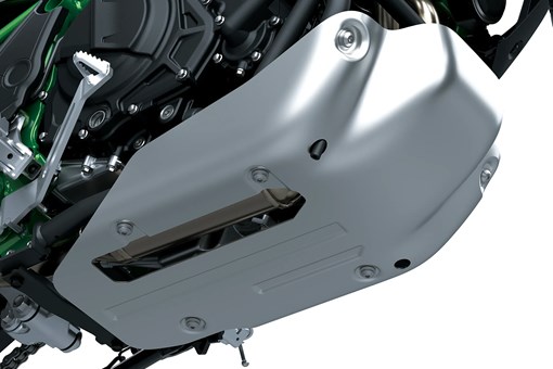Underside of a motorcycle staged in a white studio background. opens in a new window