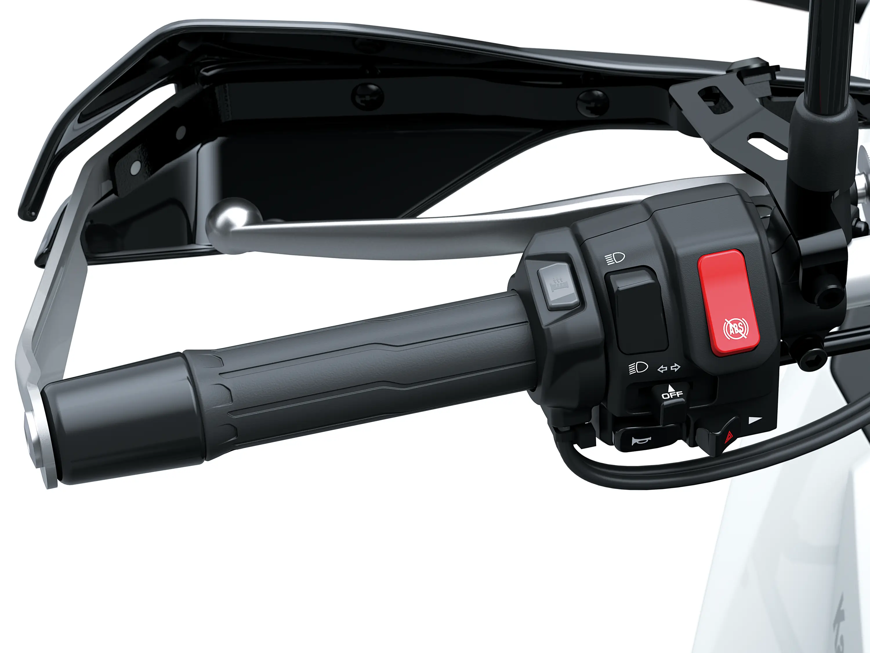 Other handlebar of a motorcycle staged in a white studio background.