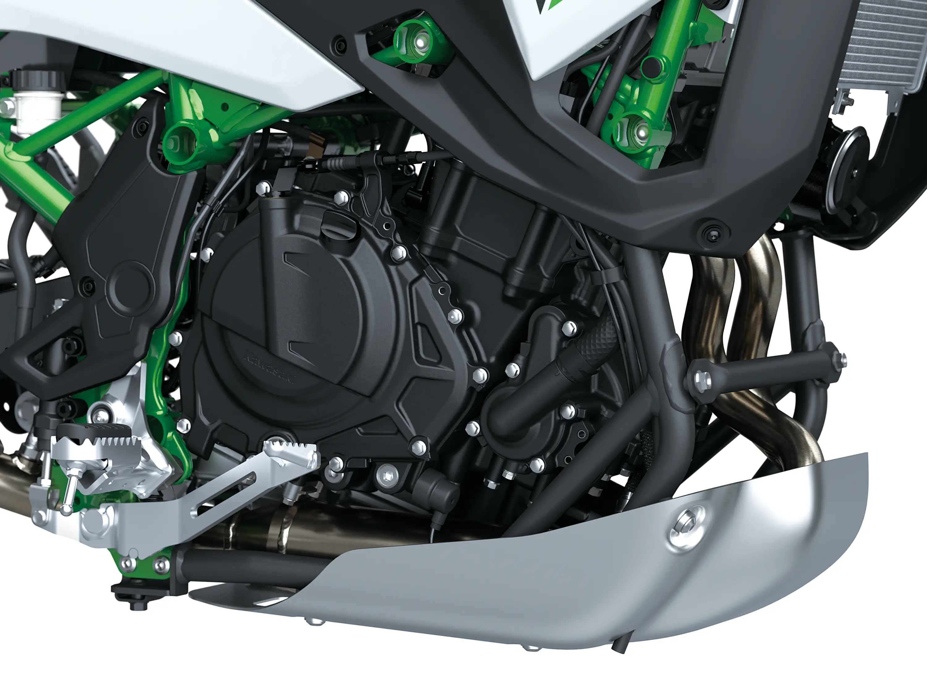 Closeup on engine of a motorcycle staged in a white studio background.