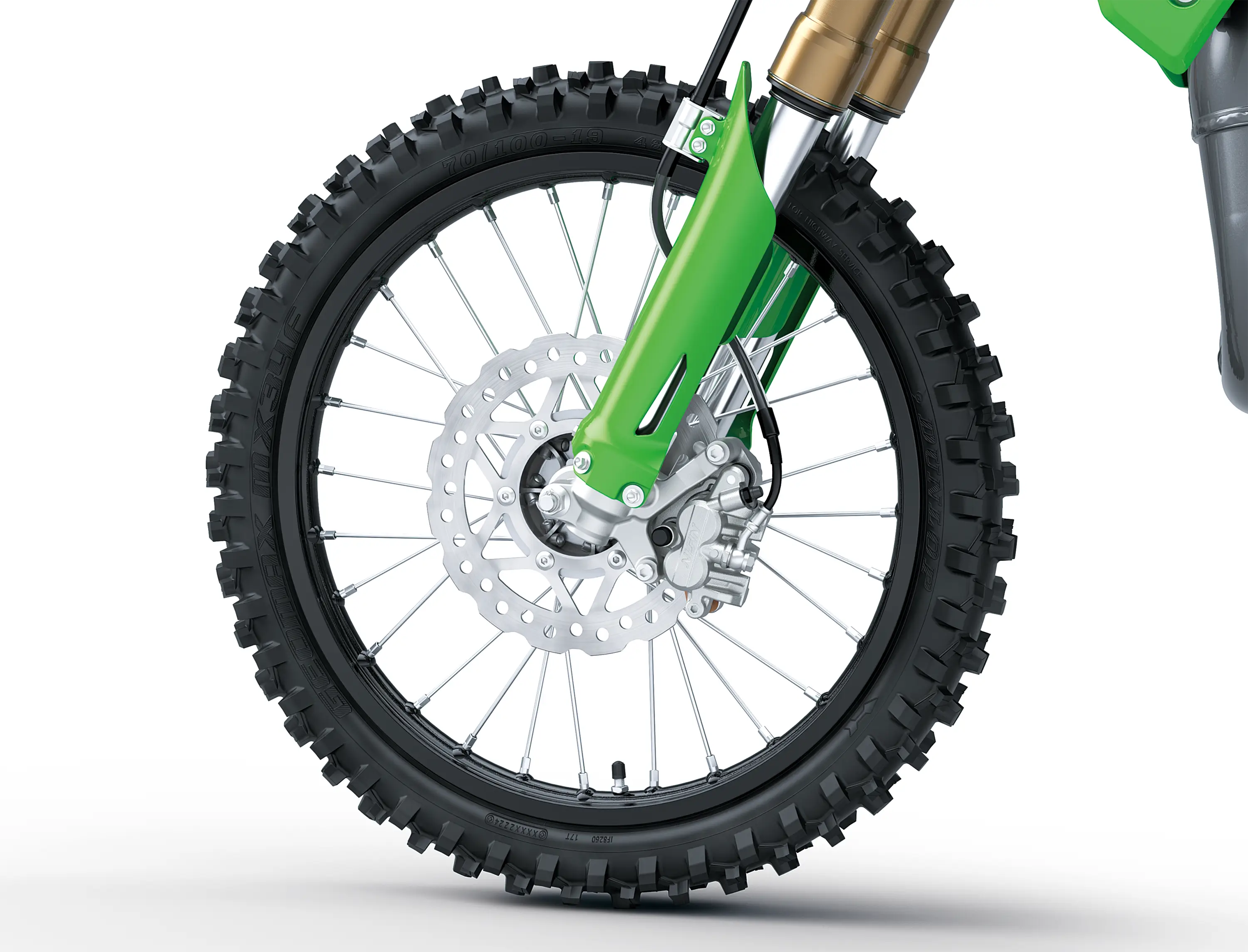 Front wheel closeup in studio.