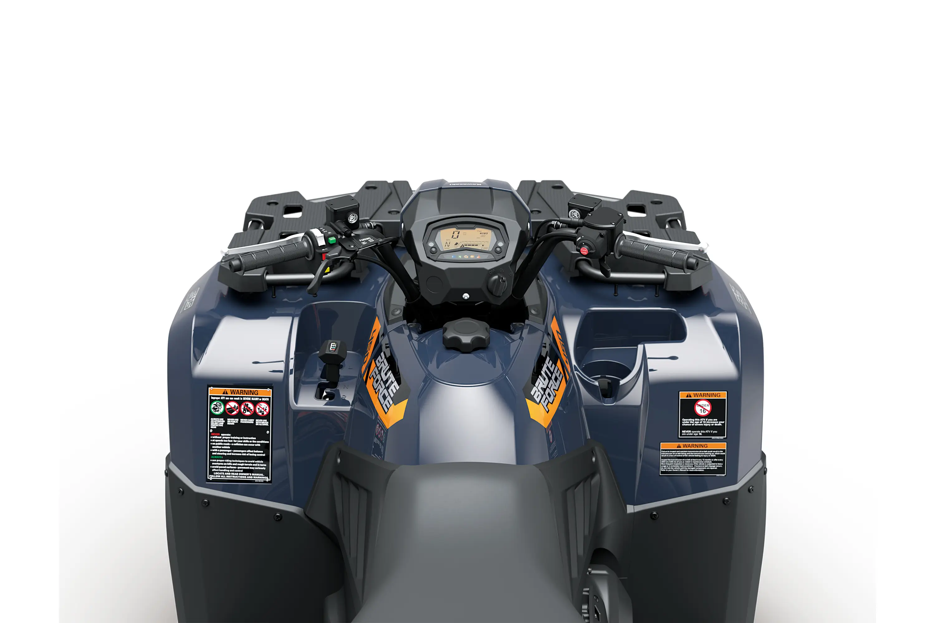 Driver POV of the handlebars of an ATV staged in a white studio background.