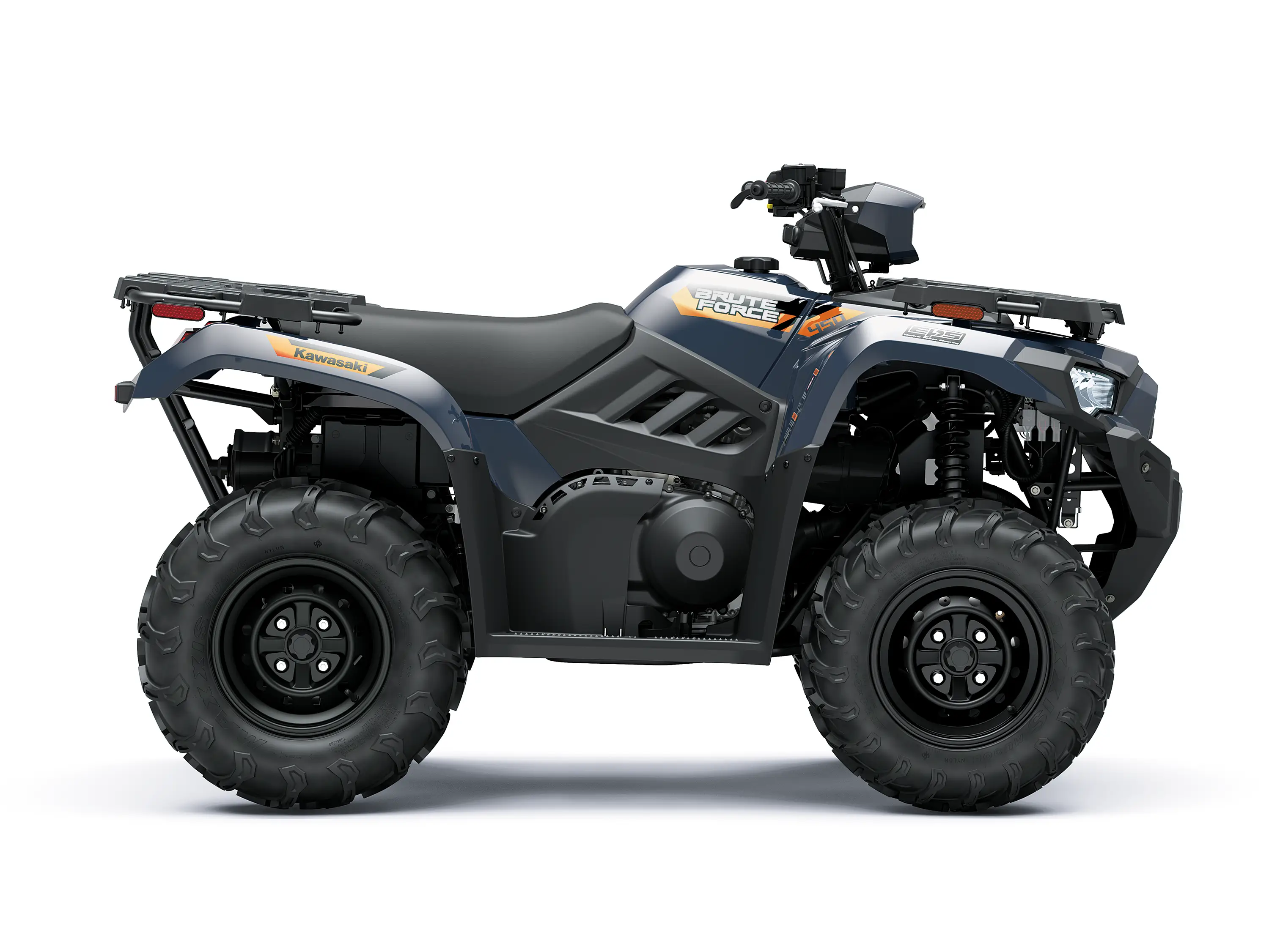 Profile angle of a blue ATV staged in a white studio background.