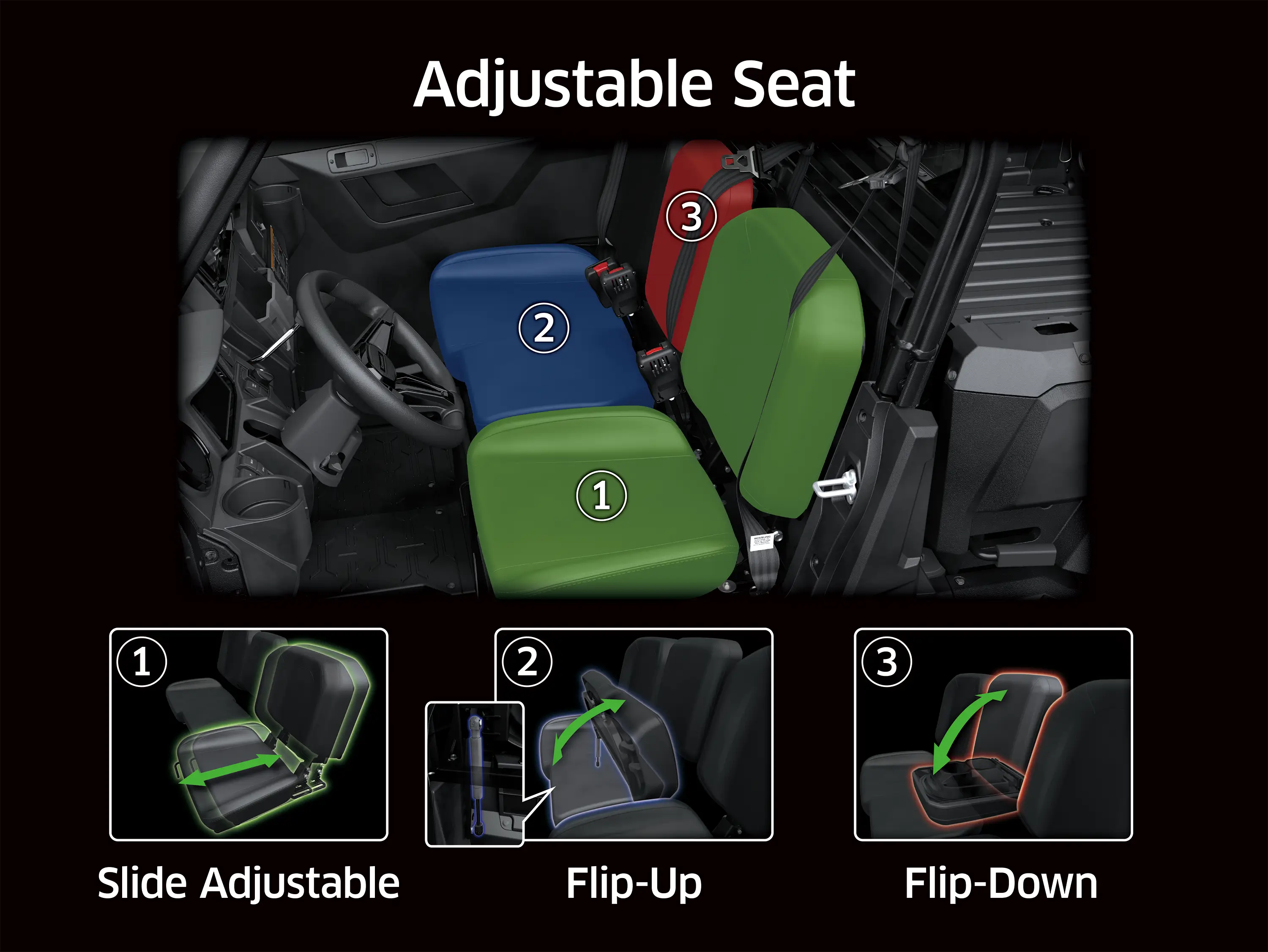Graphic treatment of a side x side adjustable seats.