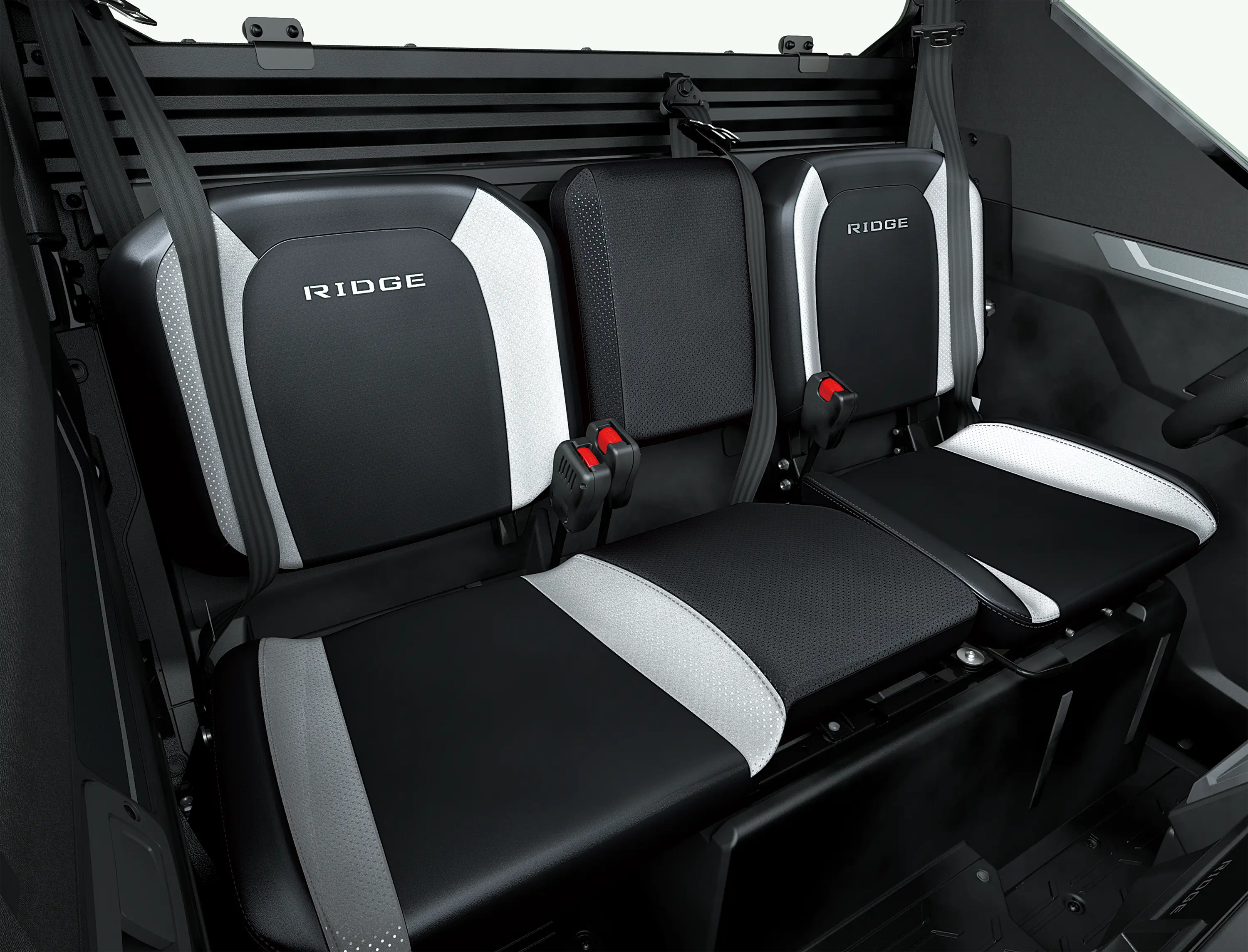 Close-up of the bench seating in a side x side.