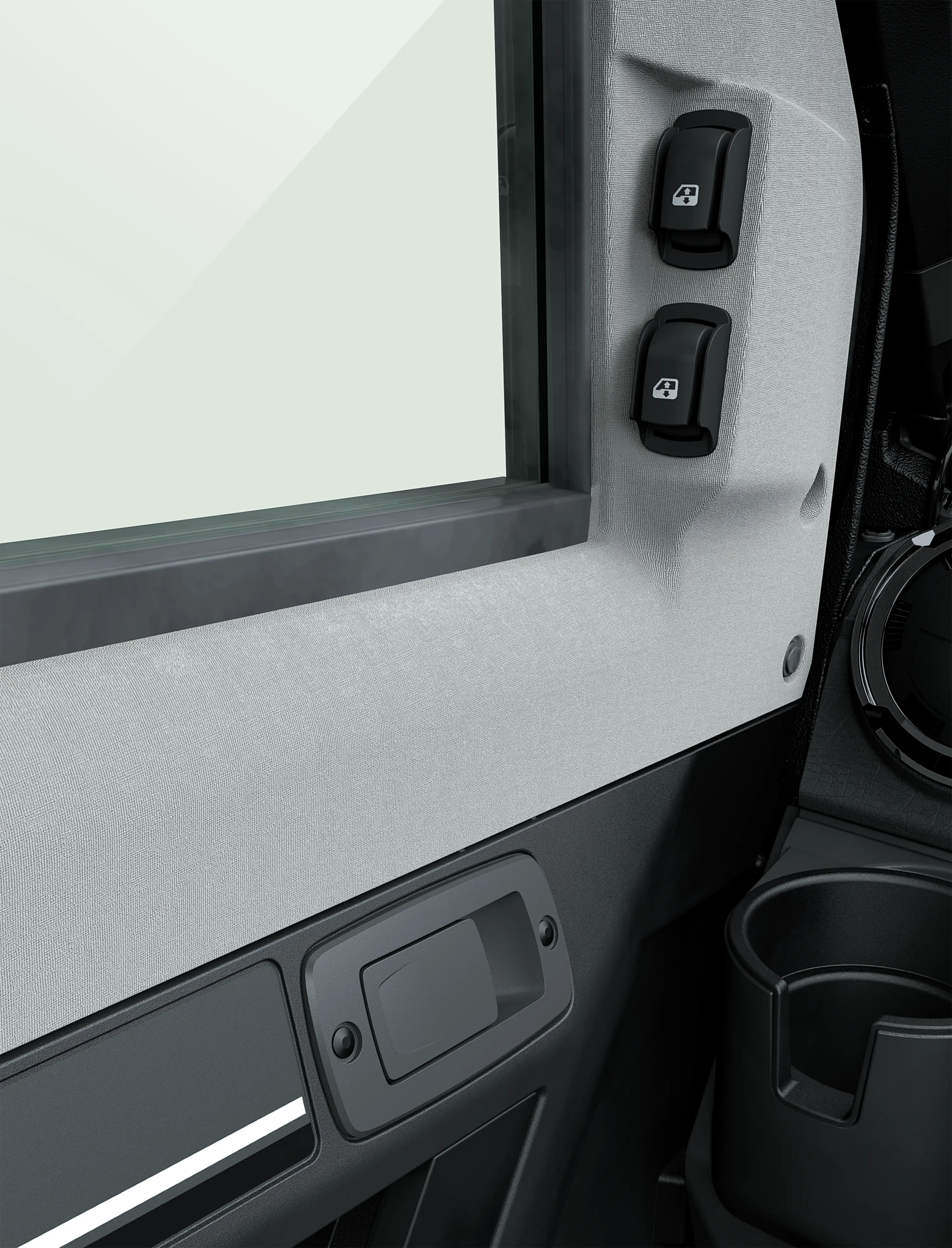 Close-up of the power window buttons in a side x side.