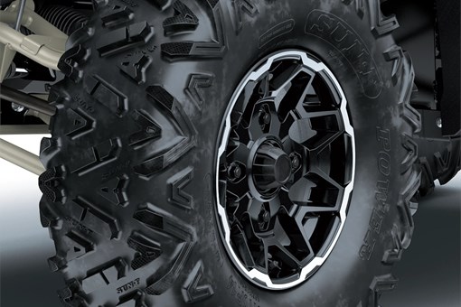 Close-up of a tire of a side x side in a white studio background. opens in a new window