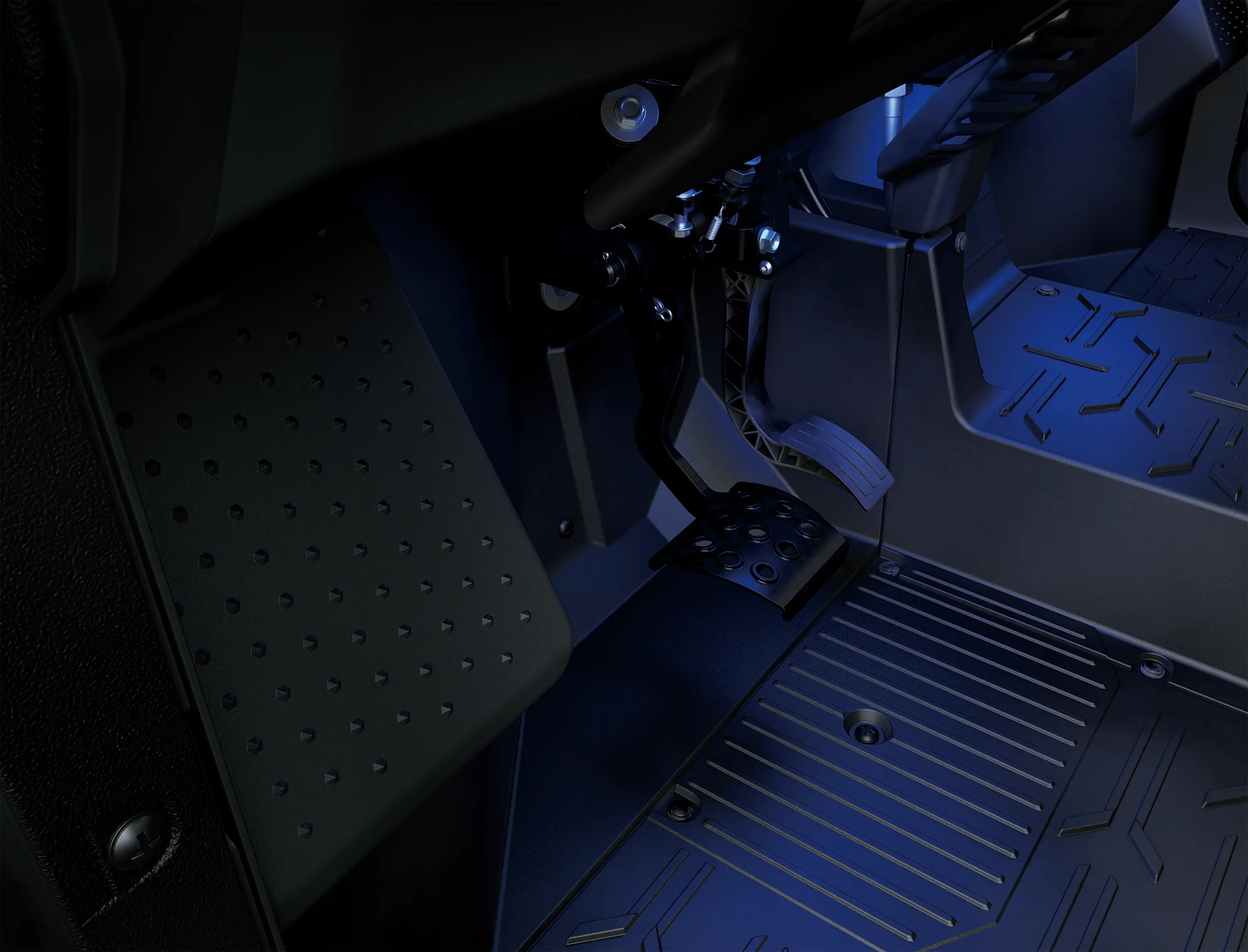 Close-up of the pedals of a side x side.