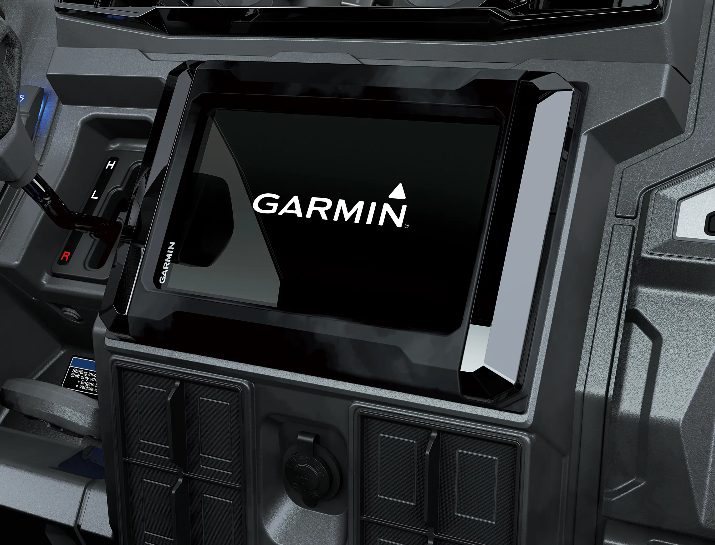 Close-up of the Garmin infotainment screen in a side x side.
