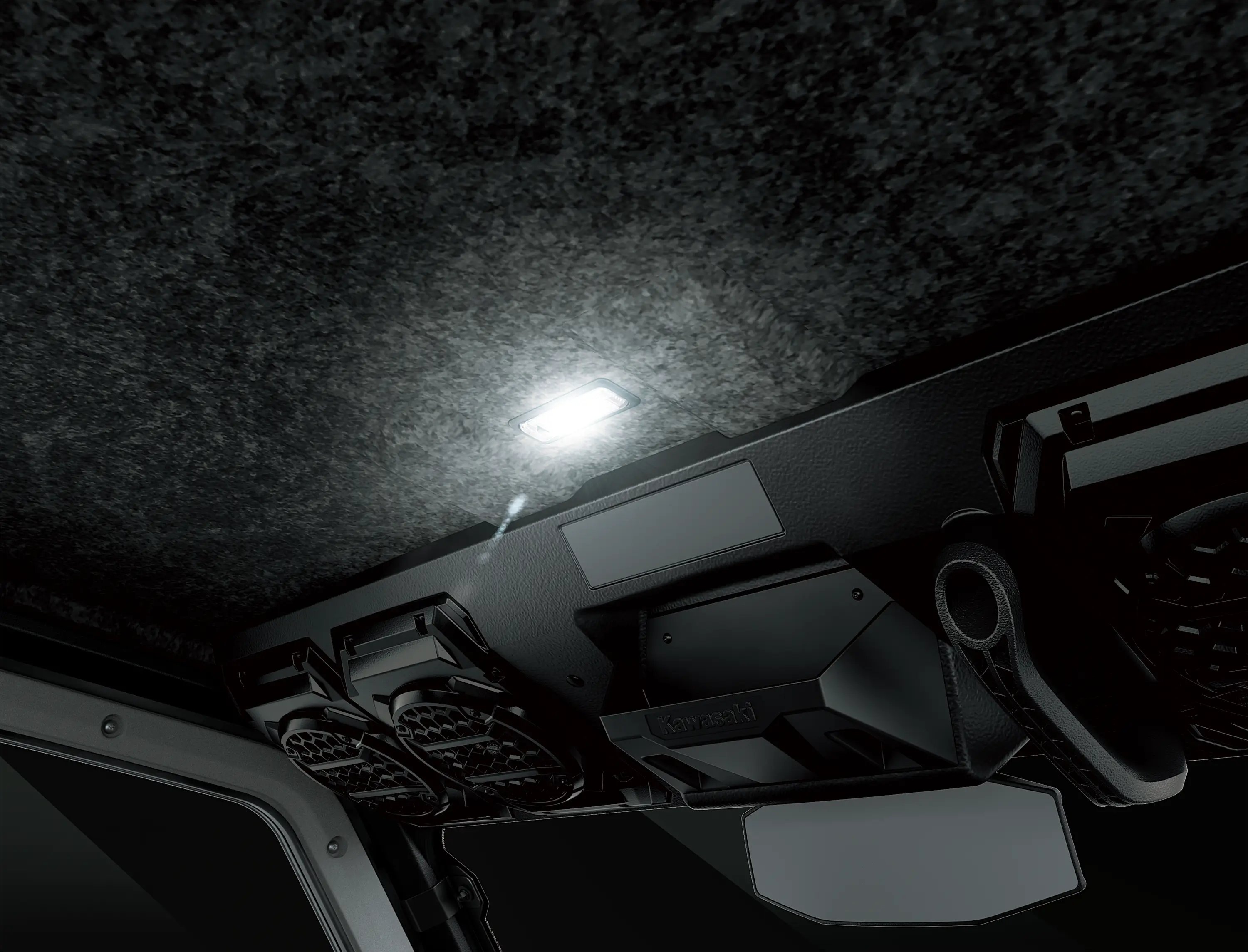 Close-up of ceiling lighting in a side x side.