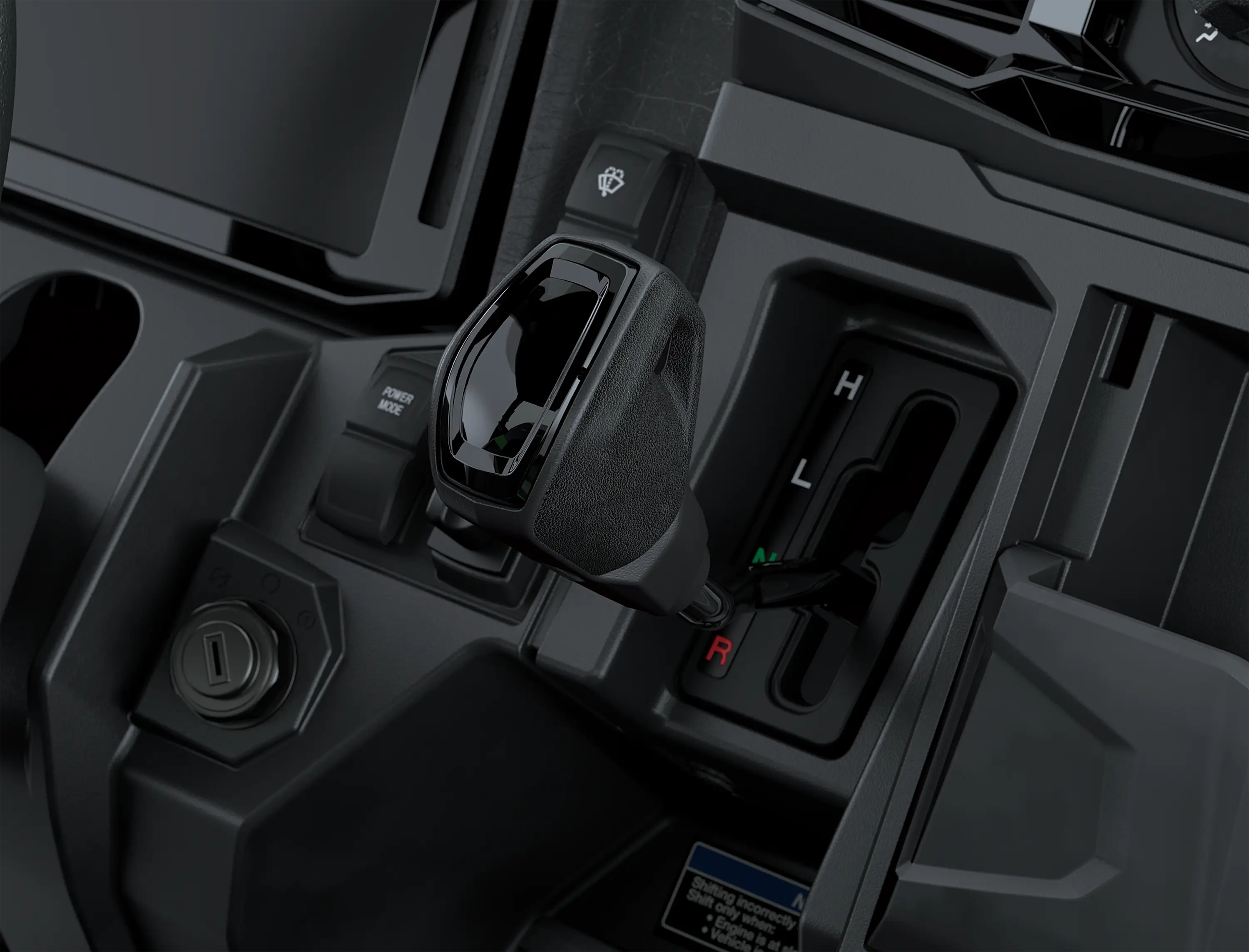 Close-up of the shifter in a side x side.