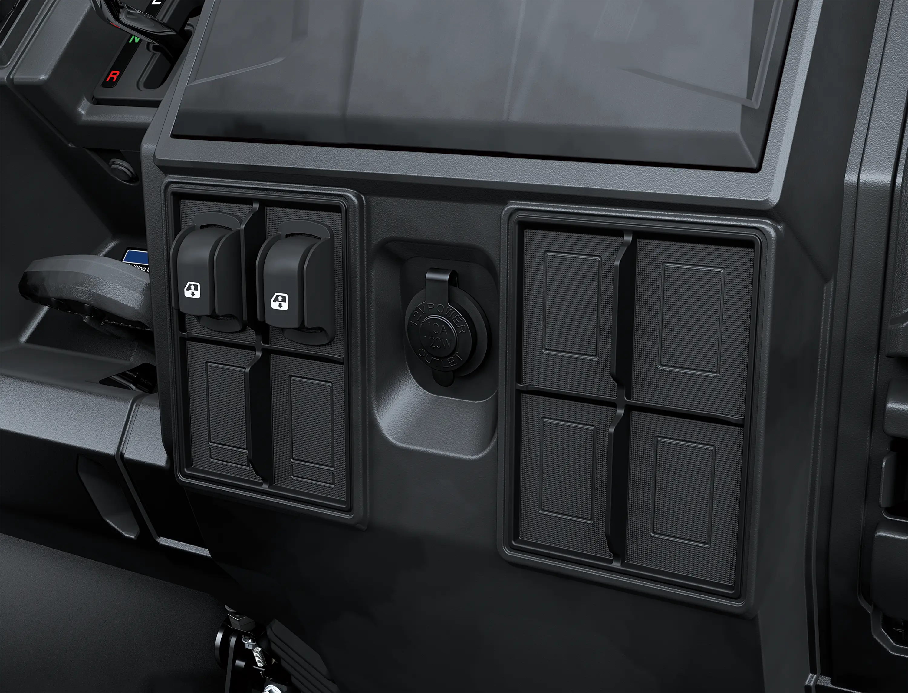 Close-up of a 12V power outlet in a side x side.