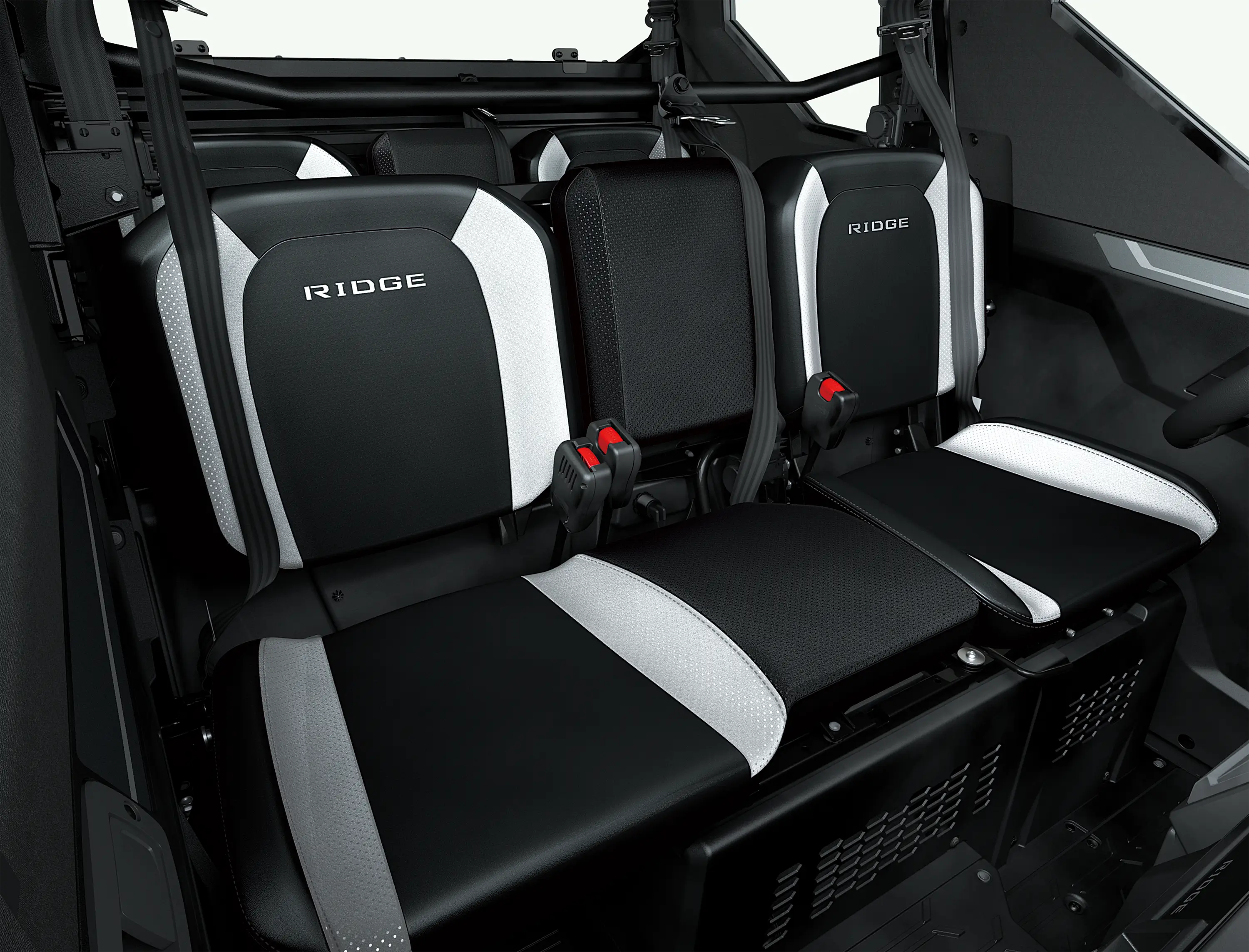 Close-up of the front bench seating in a side x side.