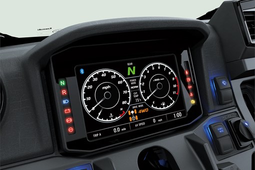 Close-up of the digital speedometer of a side x side. opens in a new window