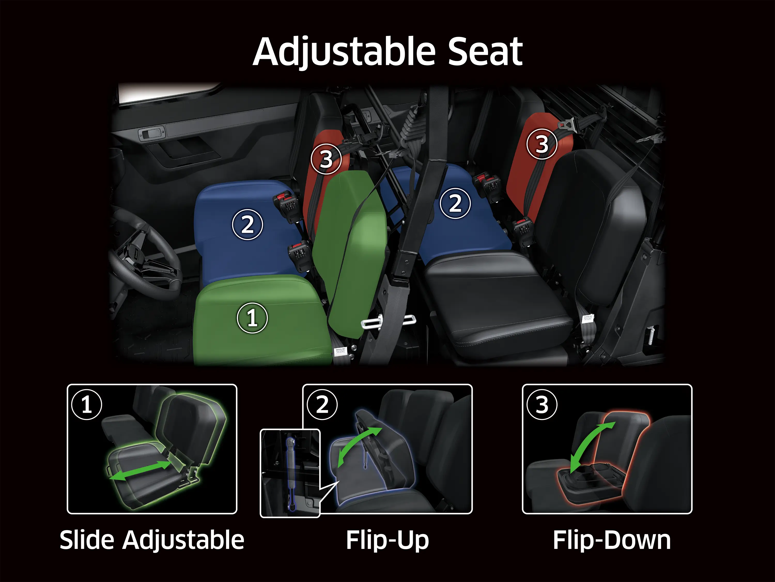 Graphic treatment showing seat adjustability of a side x side.