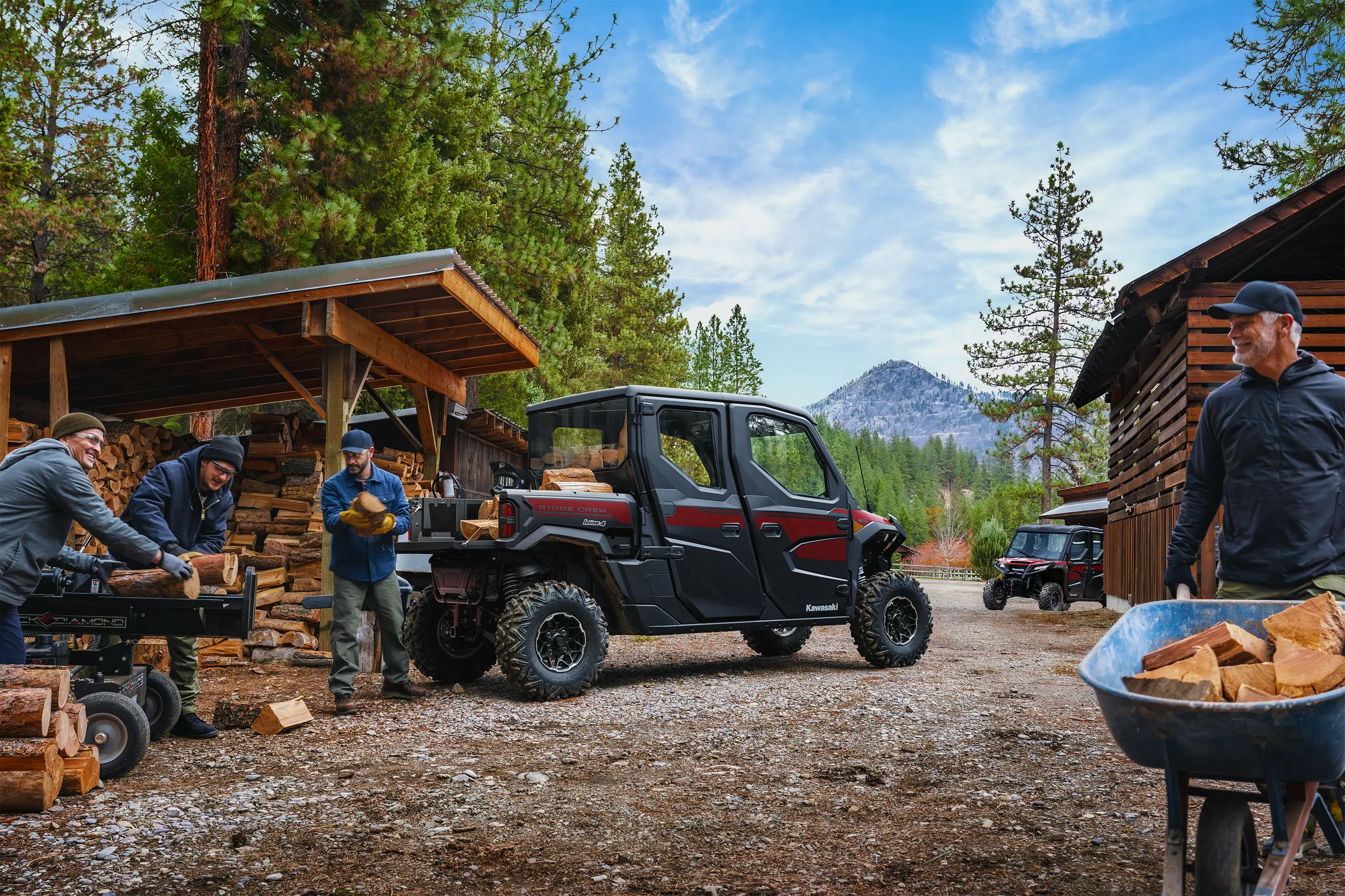 Side view of a side x side near a shed.