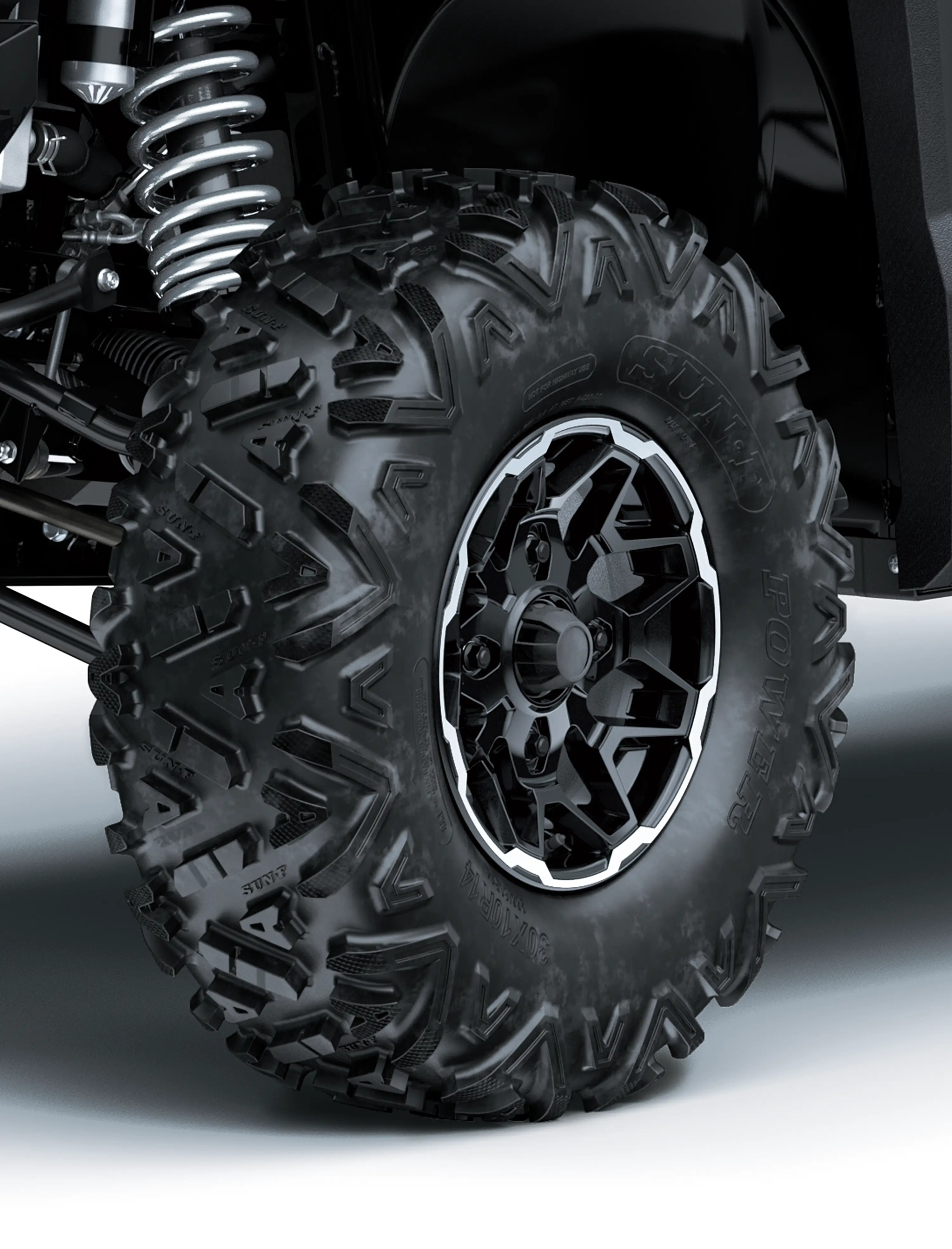 Close-up of wheels of a side x side in a white studio background.