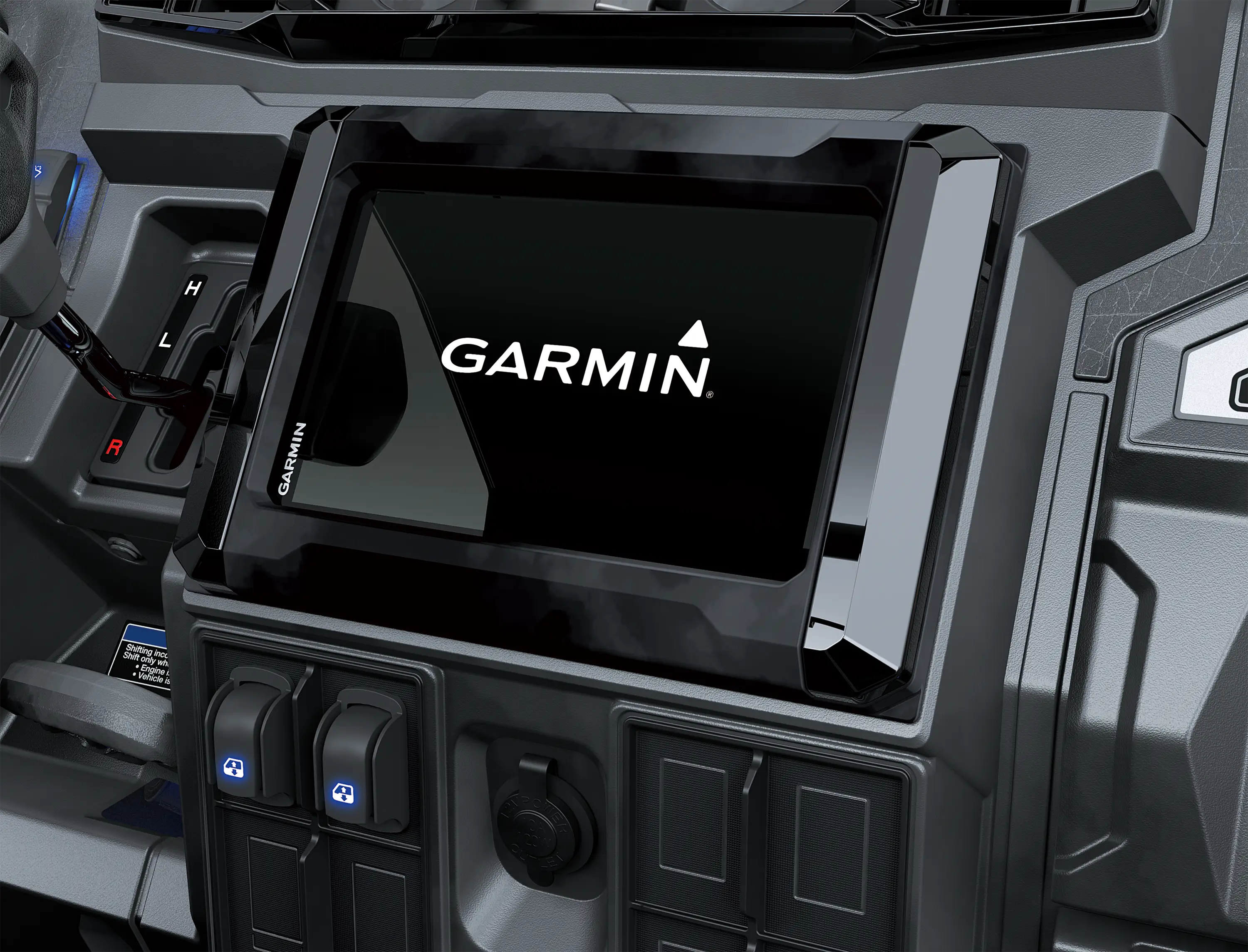 Close-up of the Garmin infotainment screen in a side x side.