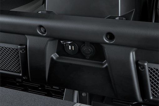 Close-up of USB ports and a 12V power outlet in a side x side. opens in a new window