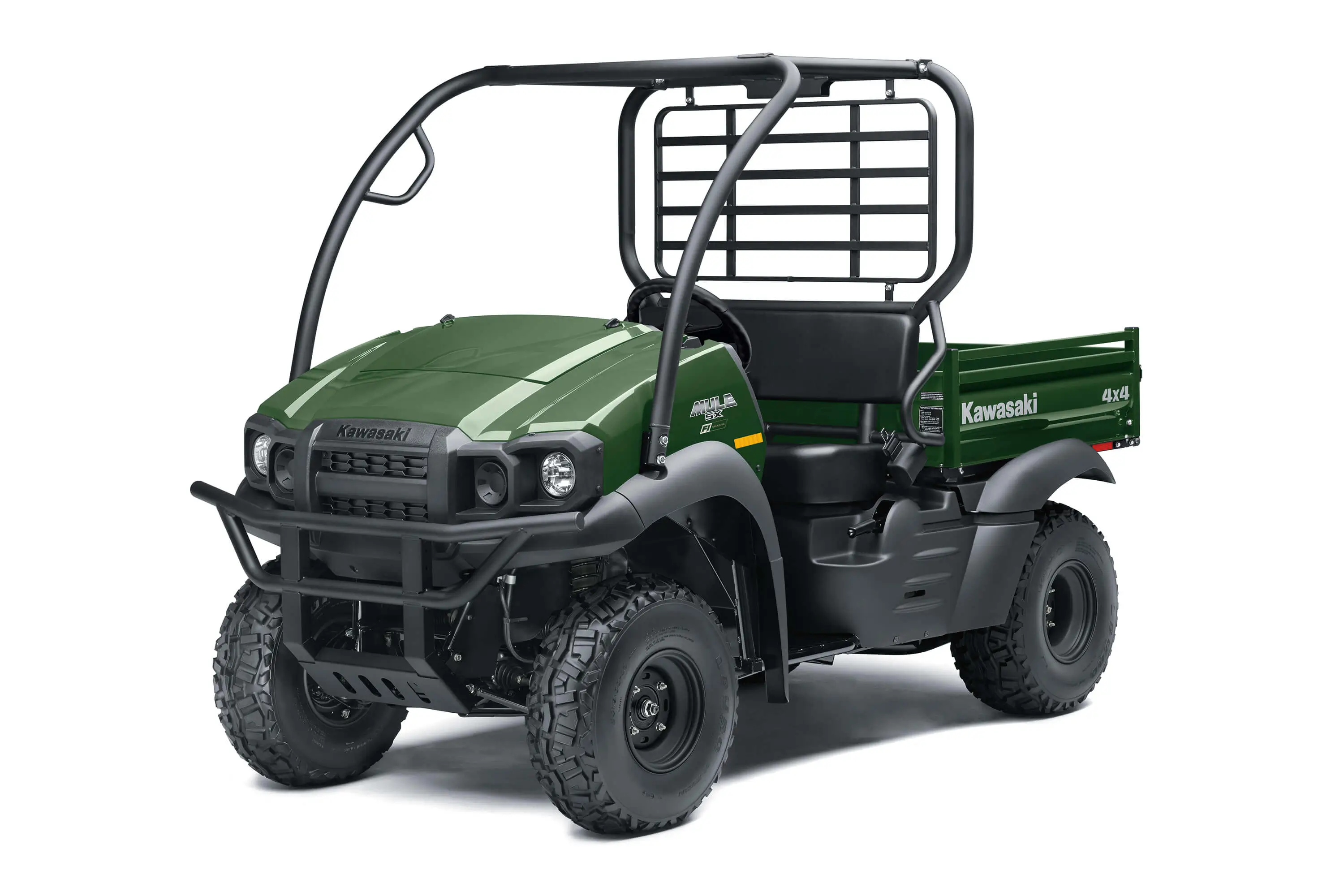 Front three-quarter view of a green side x side in a white studio.