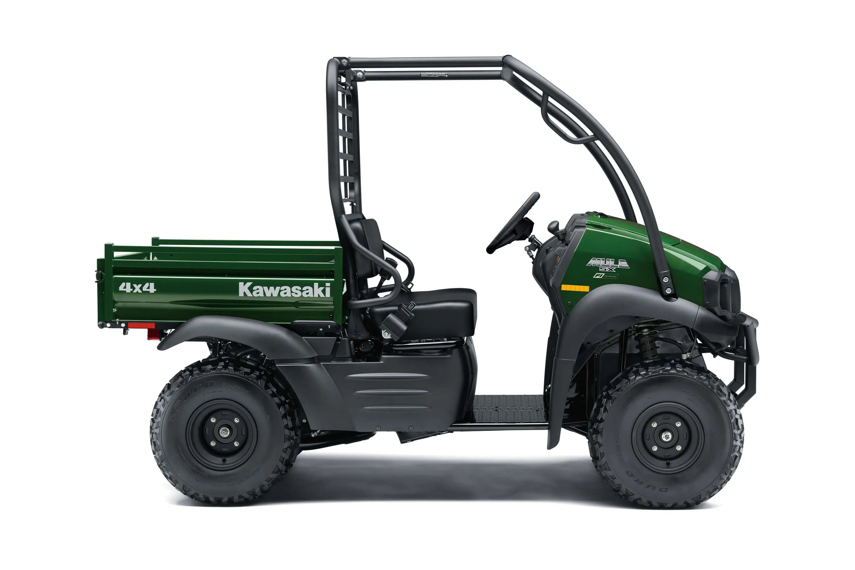 Right side view of a green single-row side x side in a white studio setting.