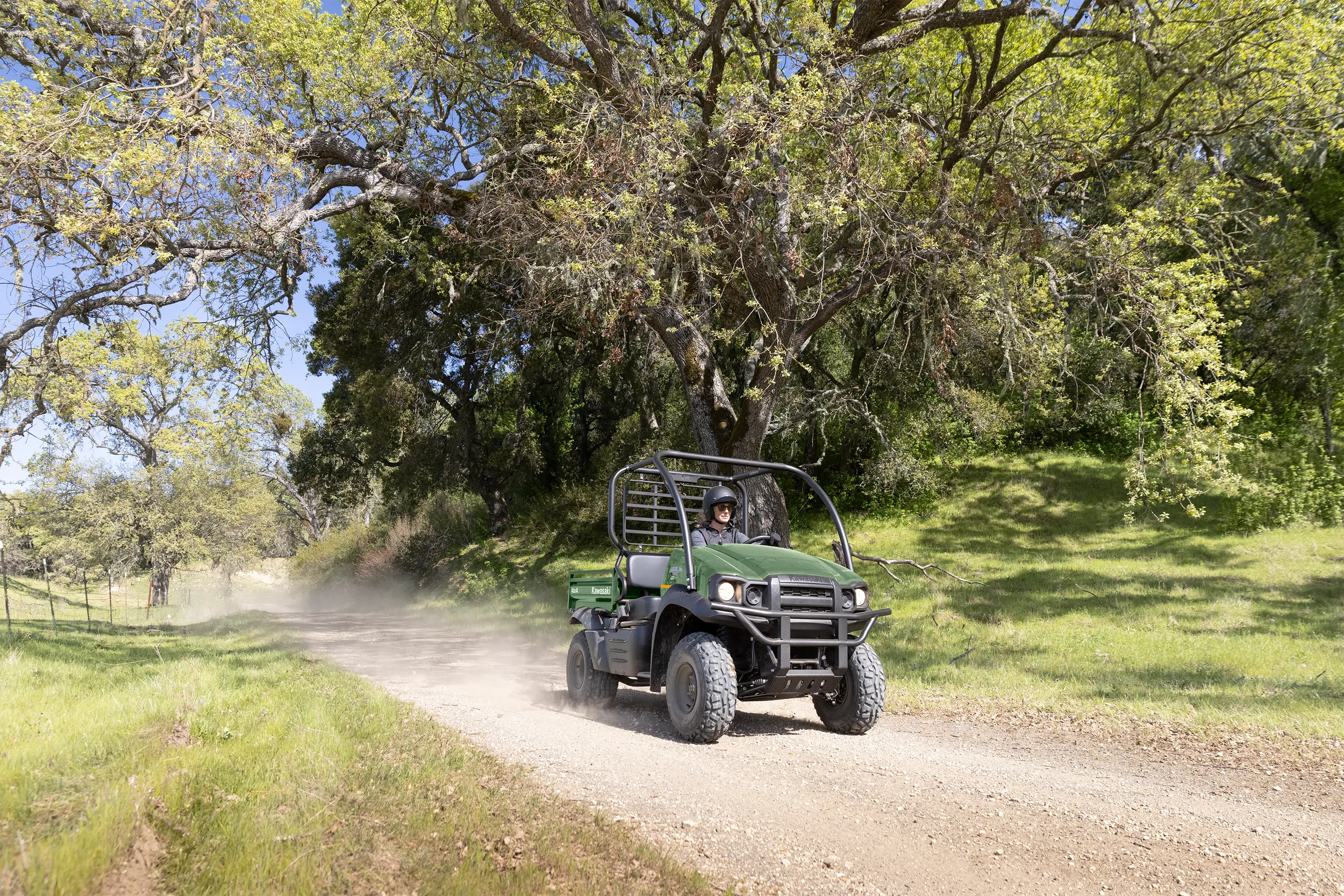 Front three-quarter view of a person driving a side x side on a dirt road lined by trees.