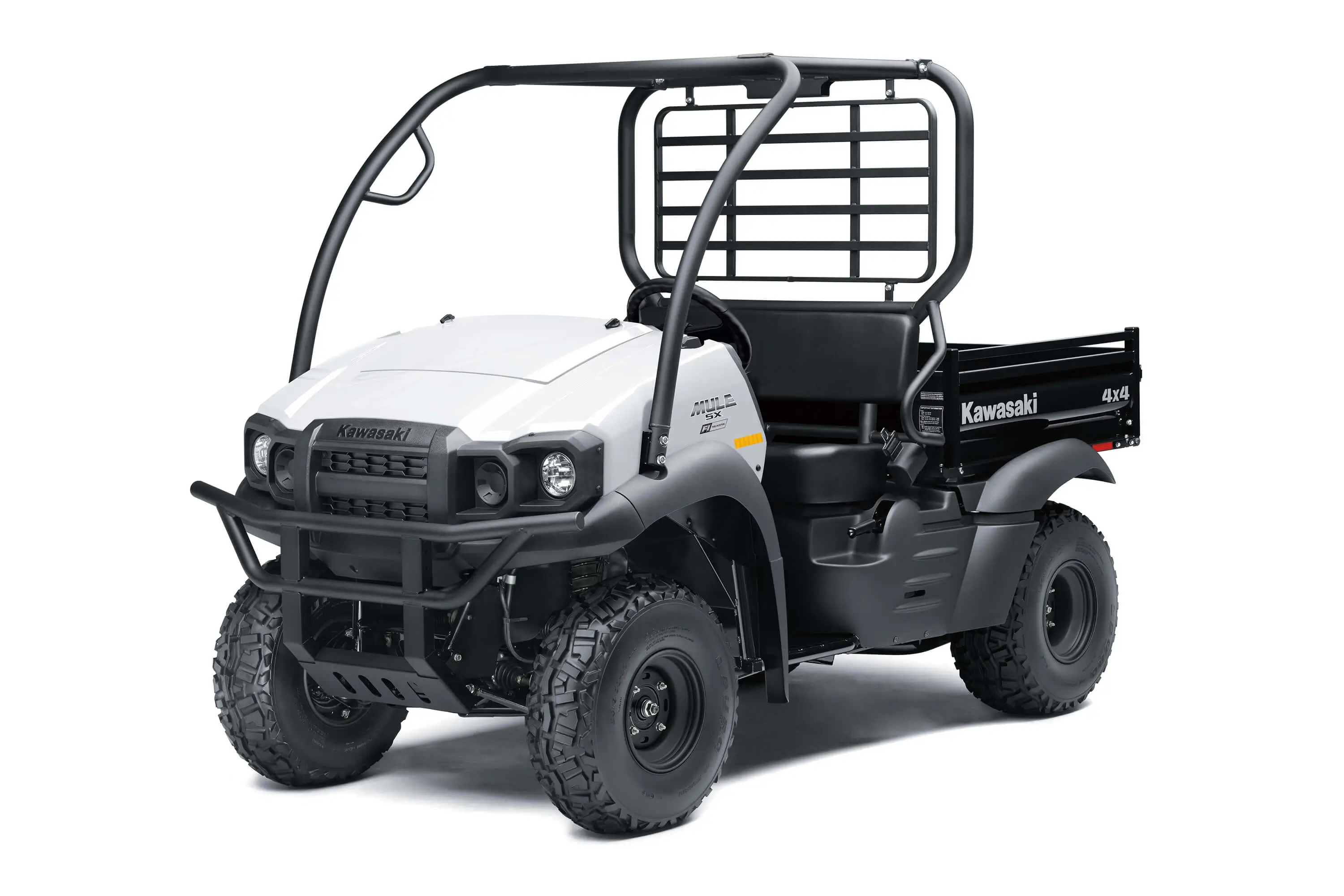 Front three-quarter view of a white single-row side x side in a white studio background.