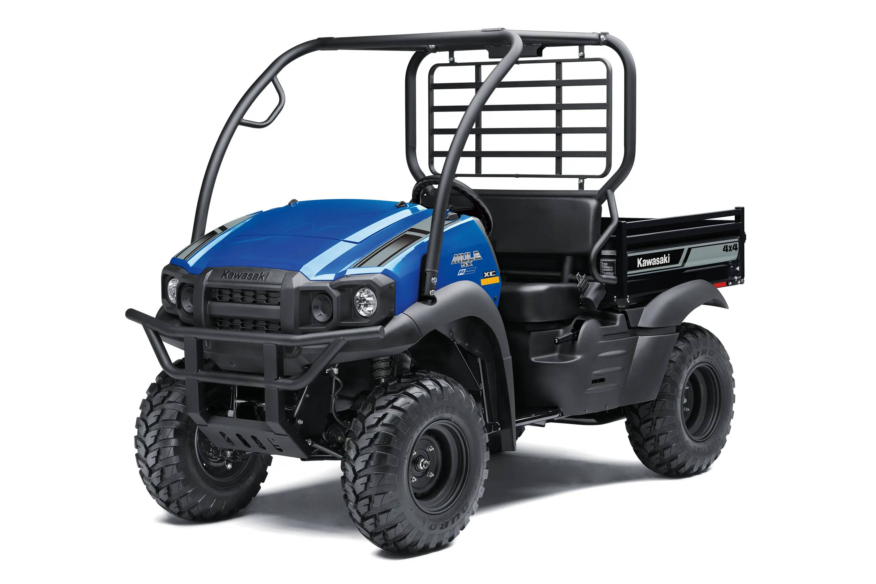 Front three-quarter view of a blue side x side in a white studio background.