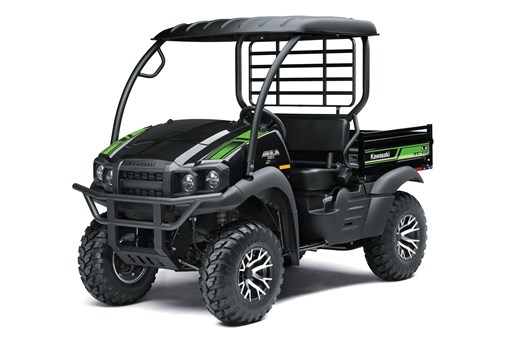 Front three-quarter view of a black and green side x side in a white studio setting. opens in a new window