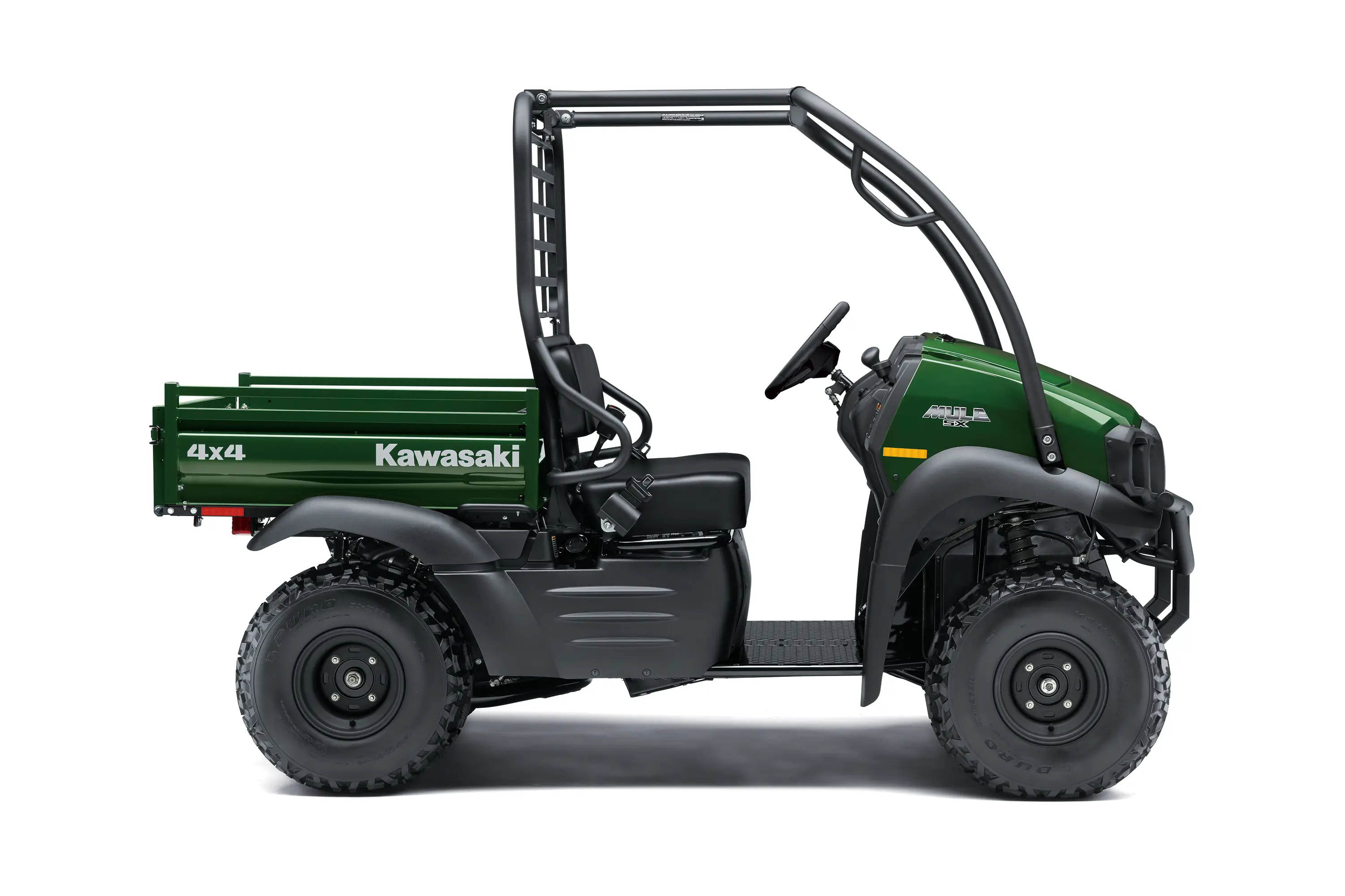 Right side view of a green single-row side x side in a white studio background.