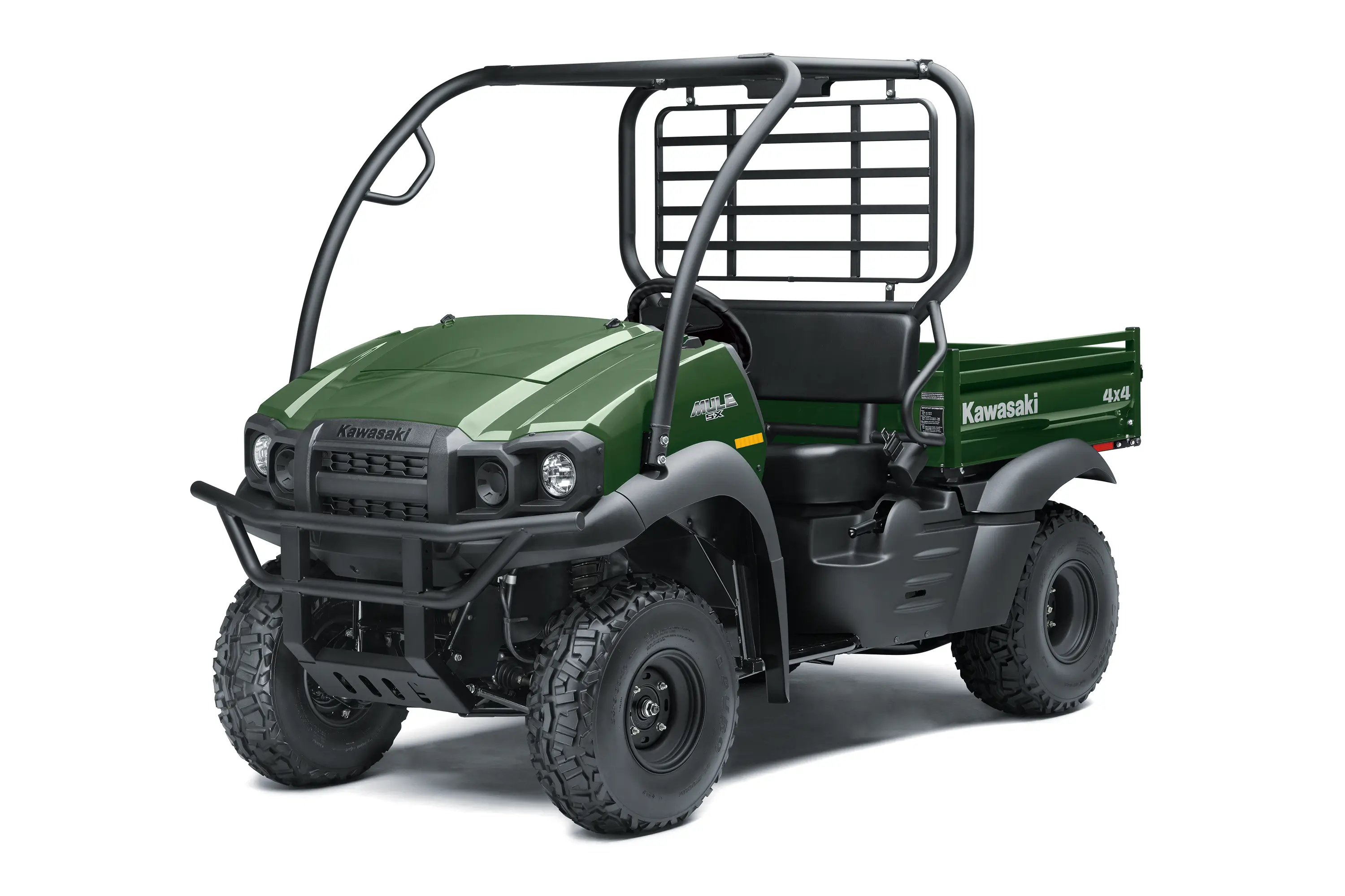 Front three-quarter view of a green single-row side x side in a white studio background.
