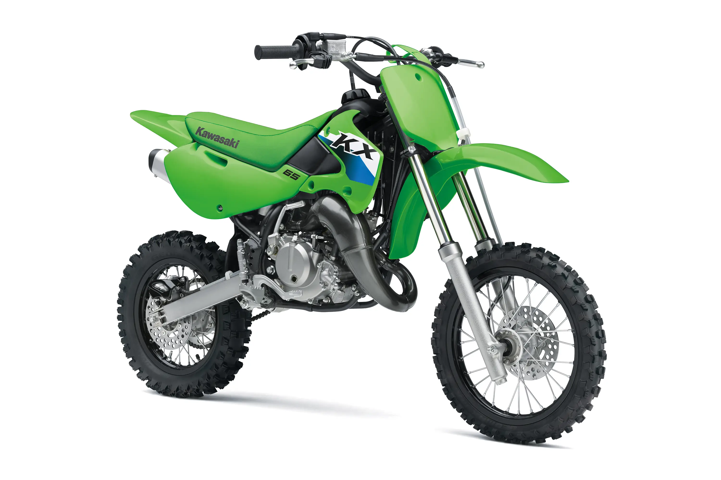 Front three-quarter right view of a green youth dirt bike in a white studio background.