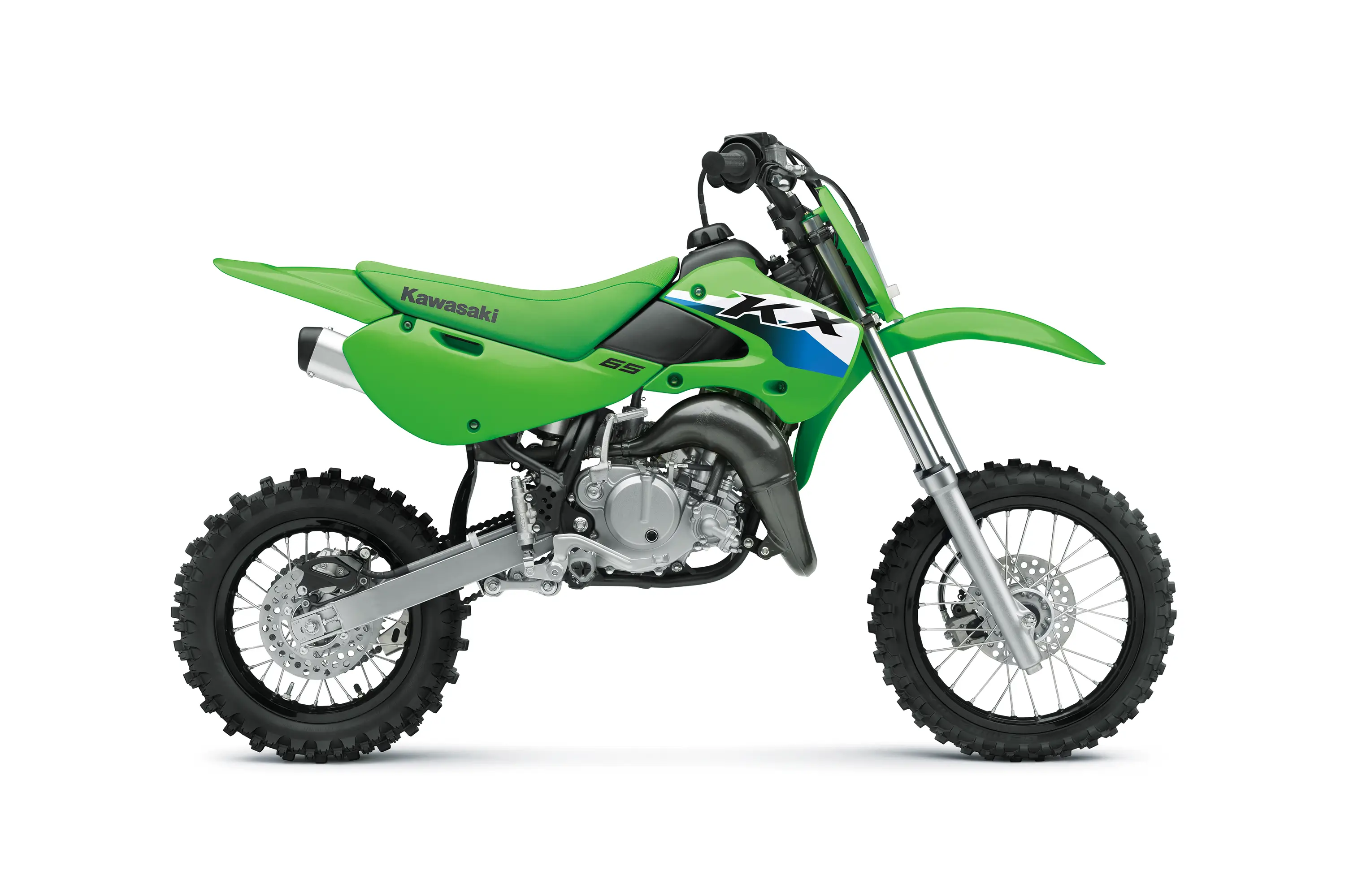 Right side view of a green youth dirt bike in a white studio background.