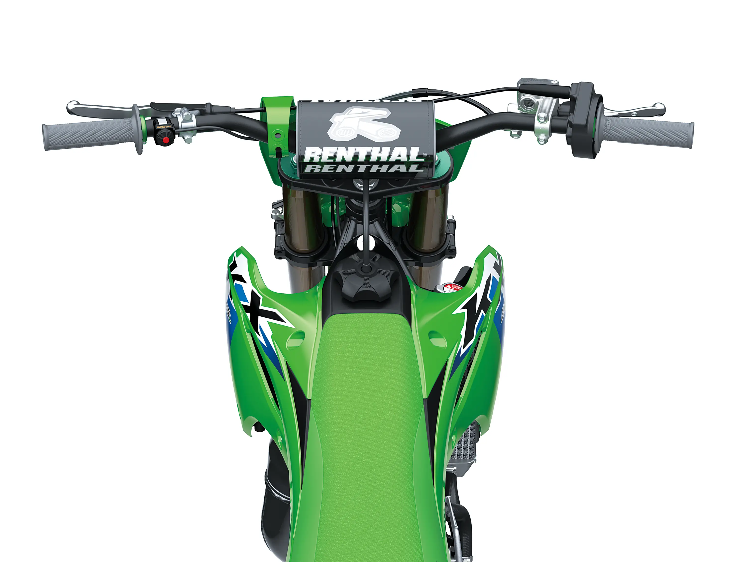 Overhead view of the front end of a dirt bike in a white studio background.