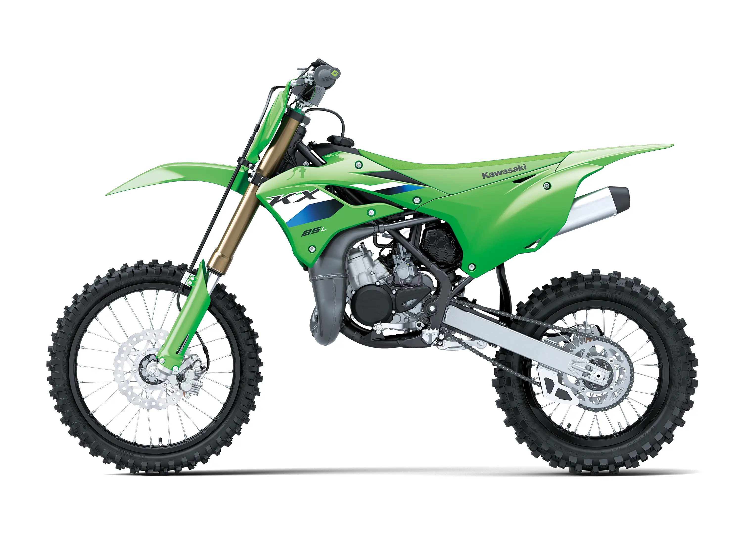 Left side view of a green youth dirt bike in a white studio background.