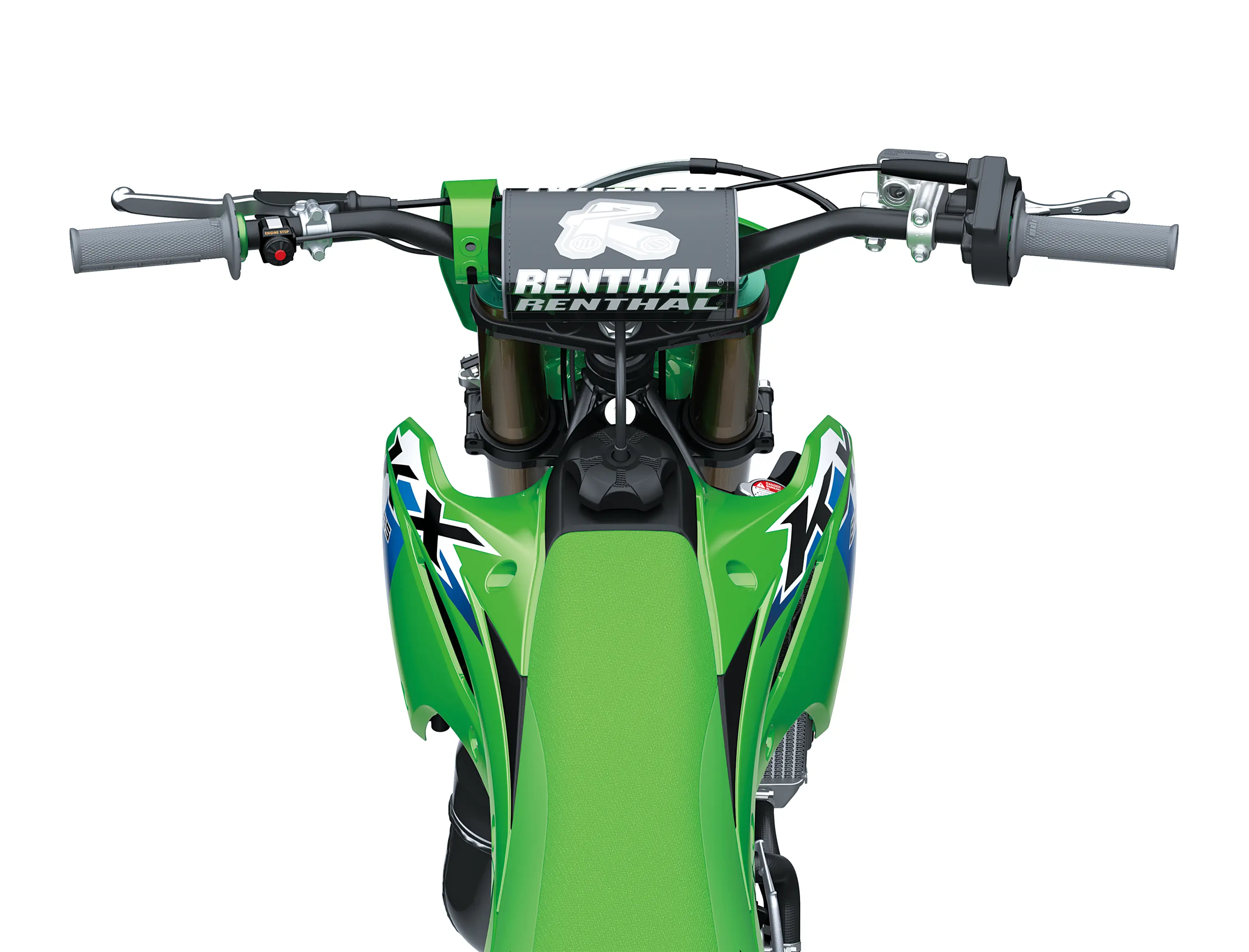 Overhead view of the handlebar and front end of a dirt bike in a white studio background.