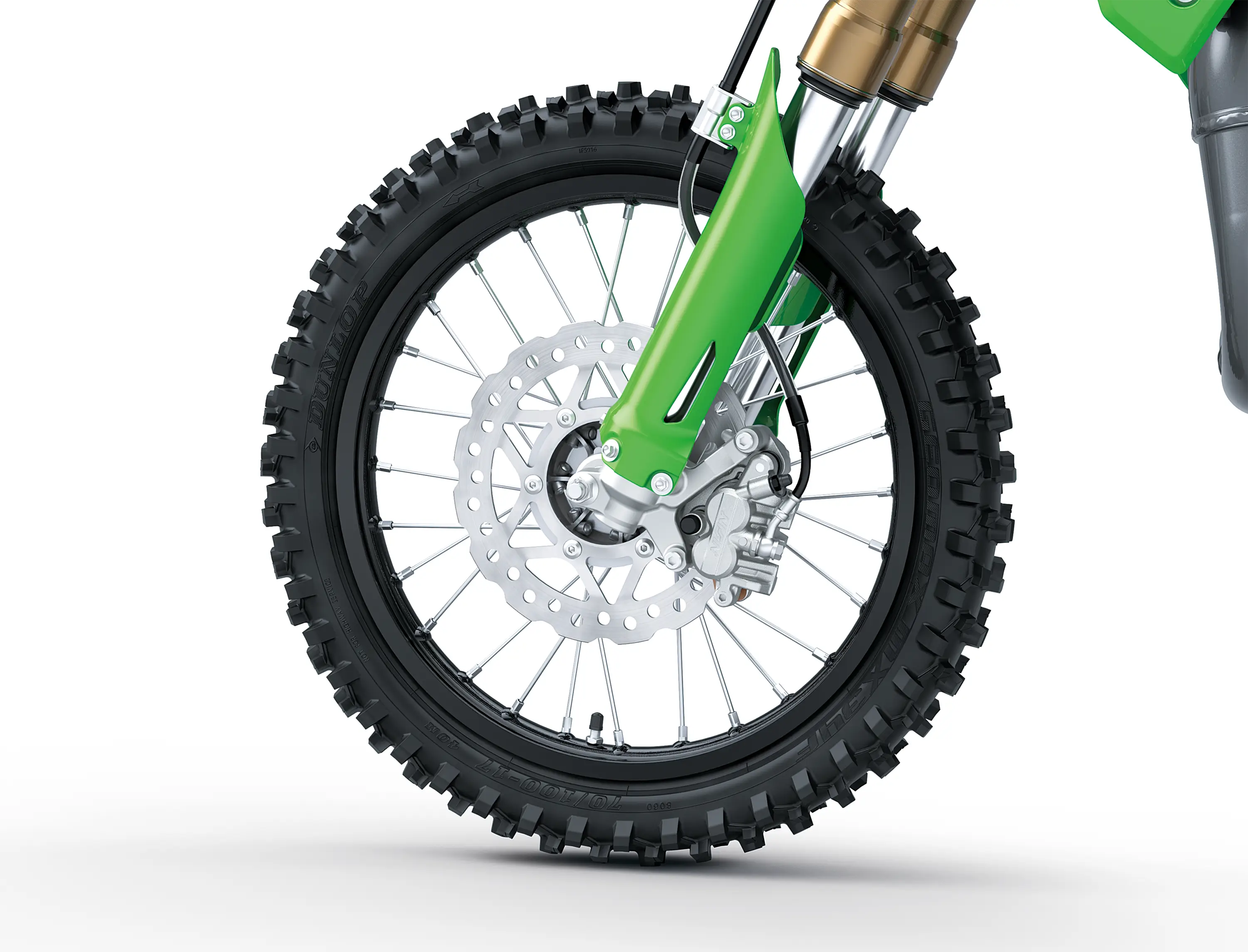 Close up left side view of a dirt bike front wheel in a white studio background.