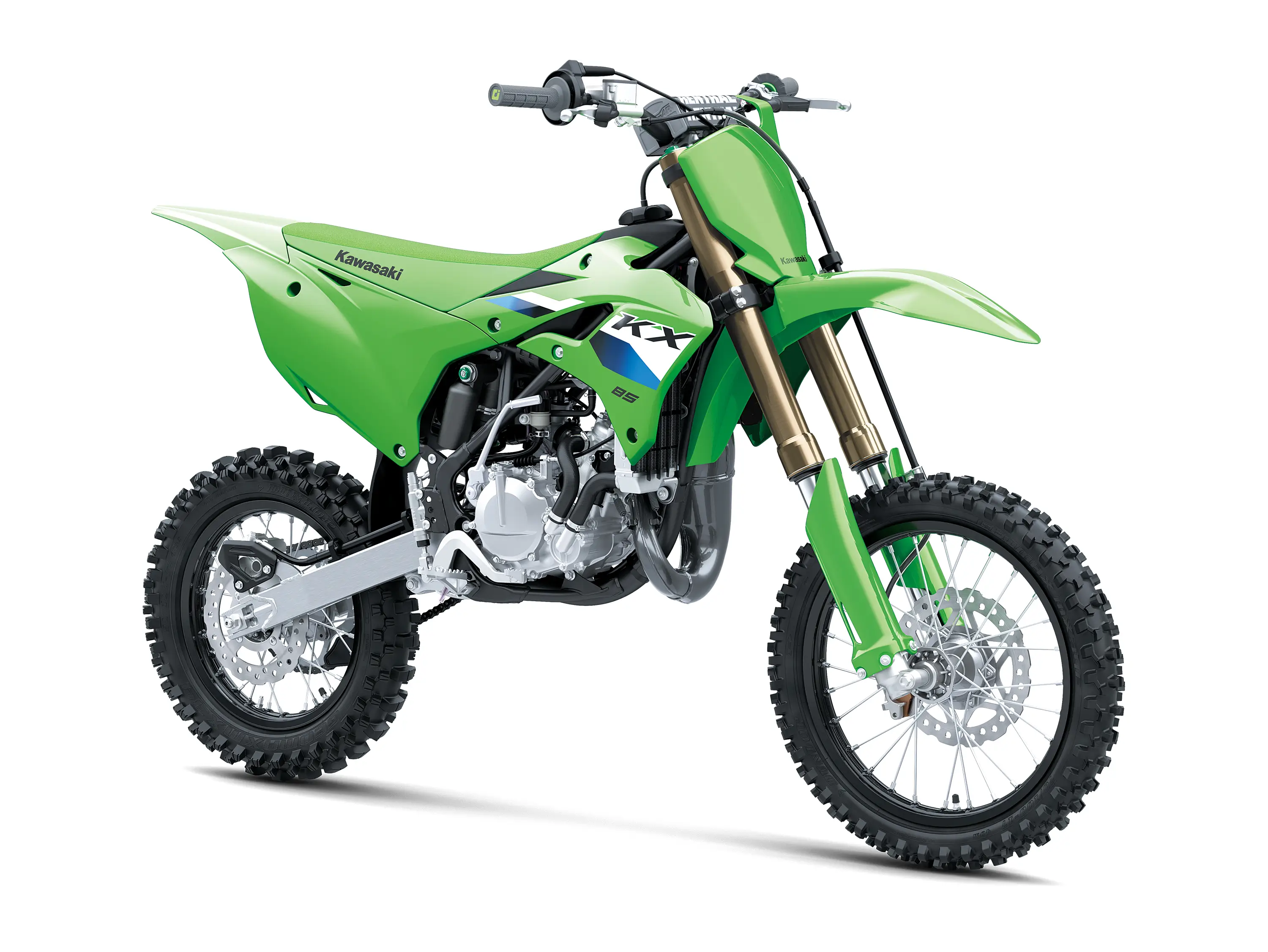 Front three-quarter right view of a green youth dirt bike in a white studio background.