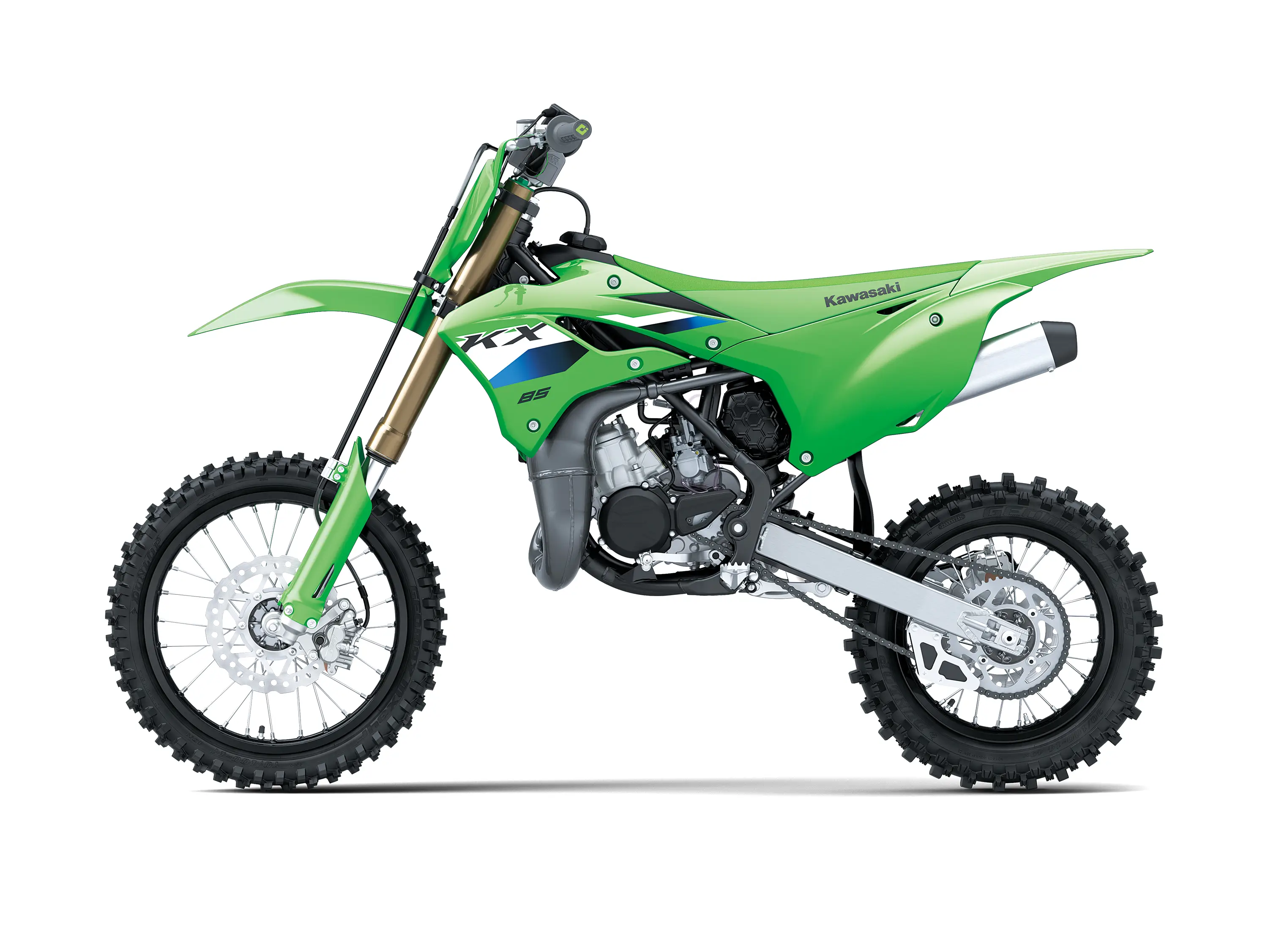 Left side view of a green youth dirt bike in a white studio background.
