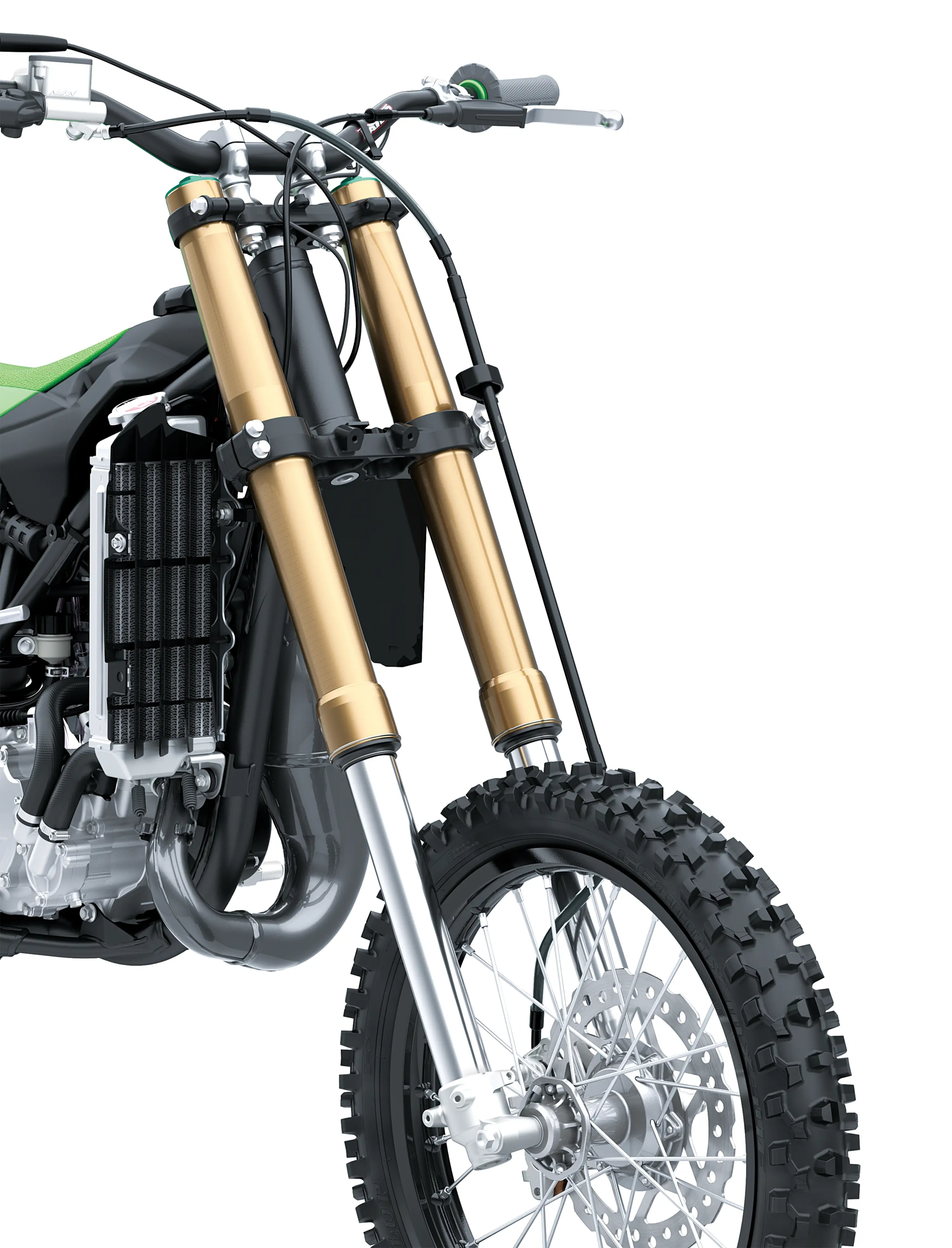 Front three-quarter view of a dirt bike front suspension in a white studio background.