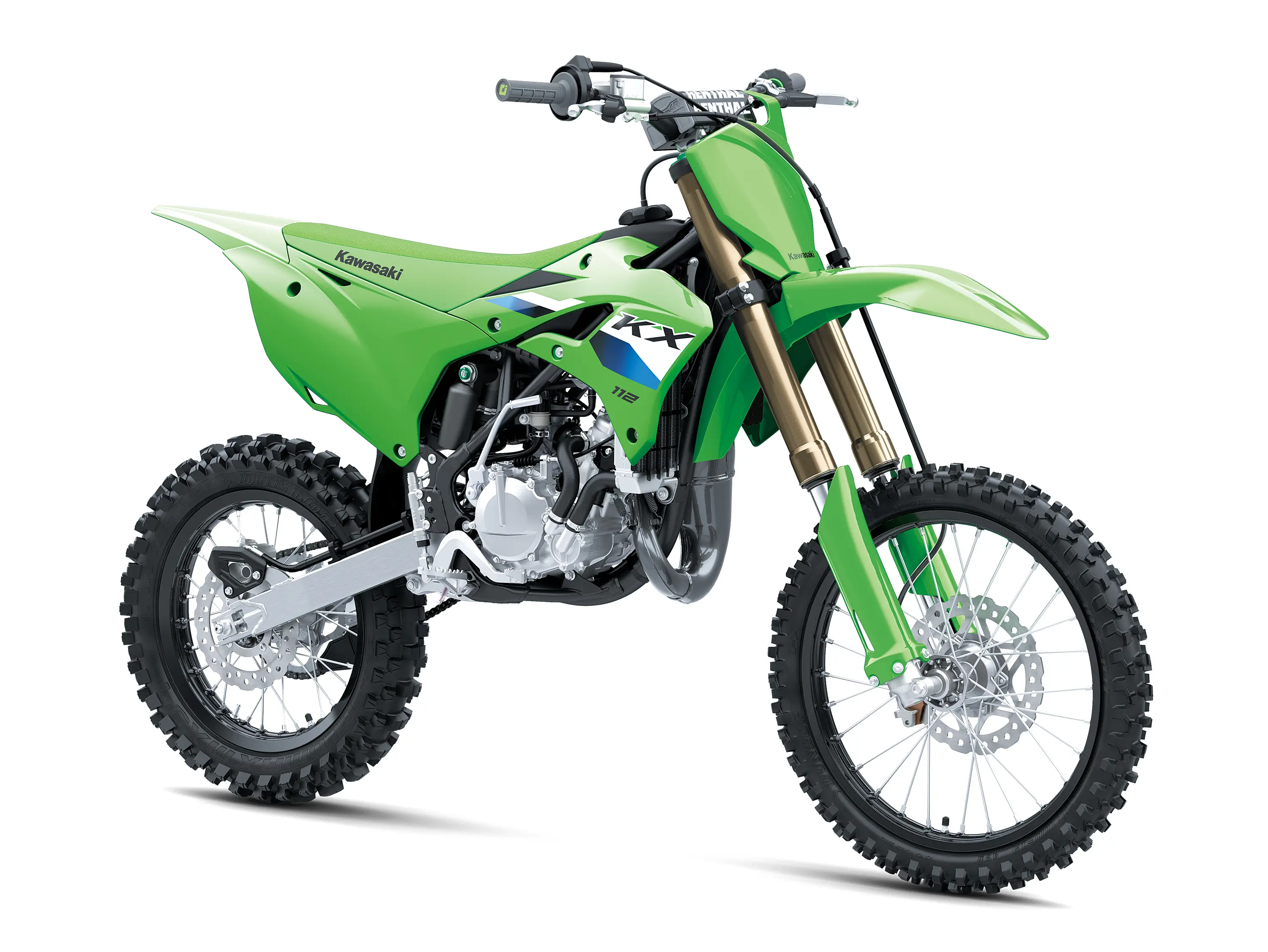 Front three-quarter view of a green youth dirt bike in a white studio background.