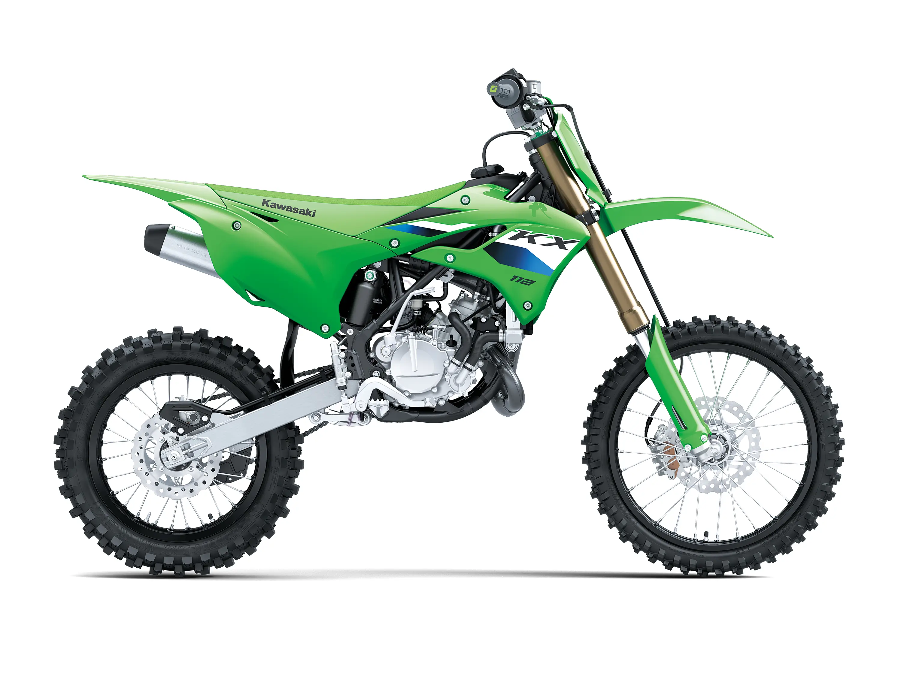Right side view of a green youth dirt bike staged in a white studio background.