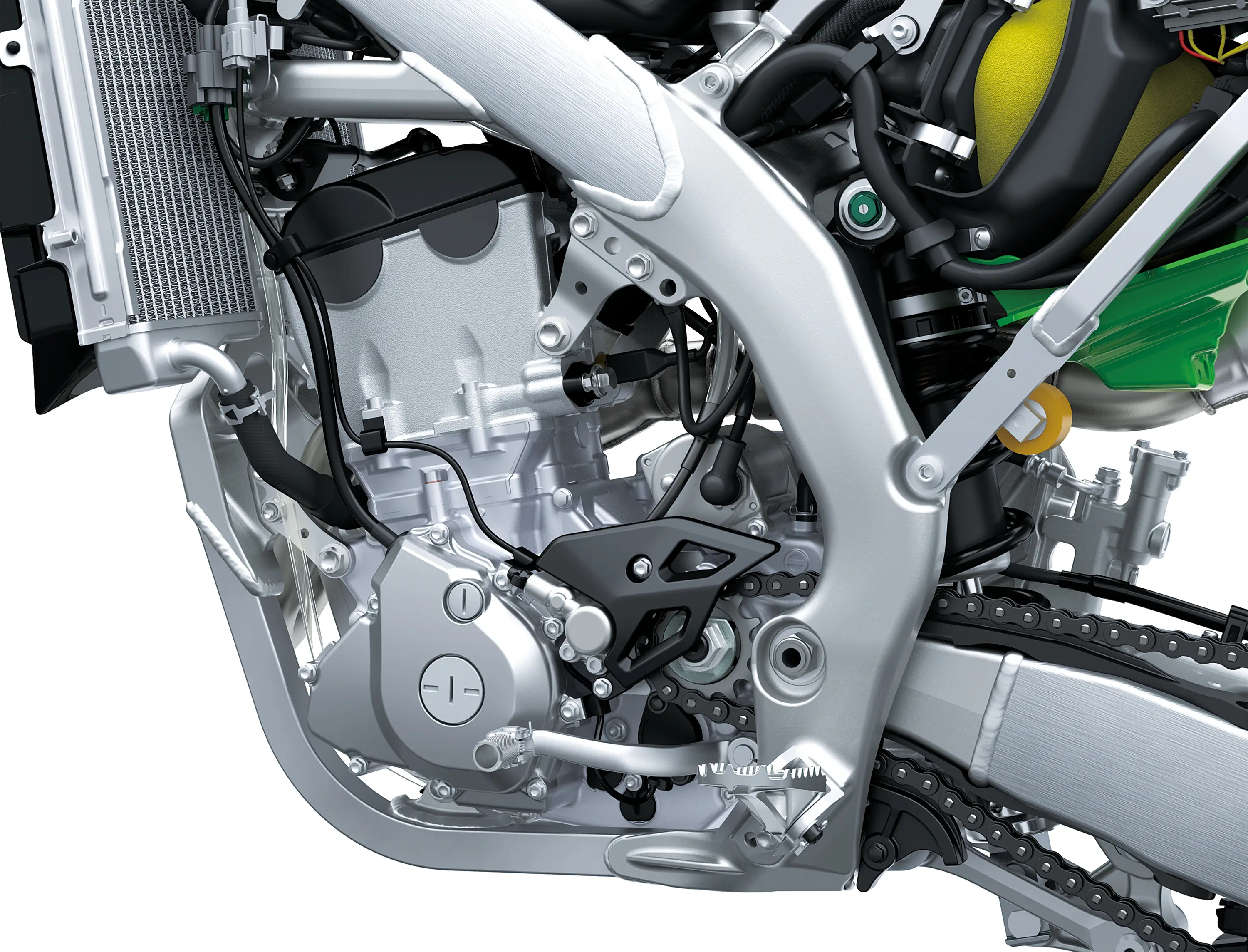 Close-up of the left-side view of the engine bay of a motorcycle staged in a white studio background.