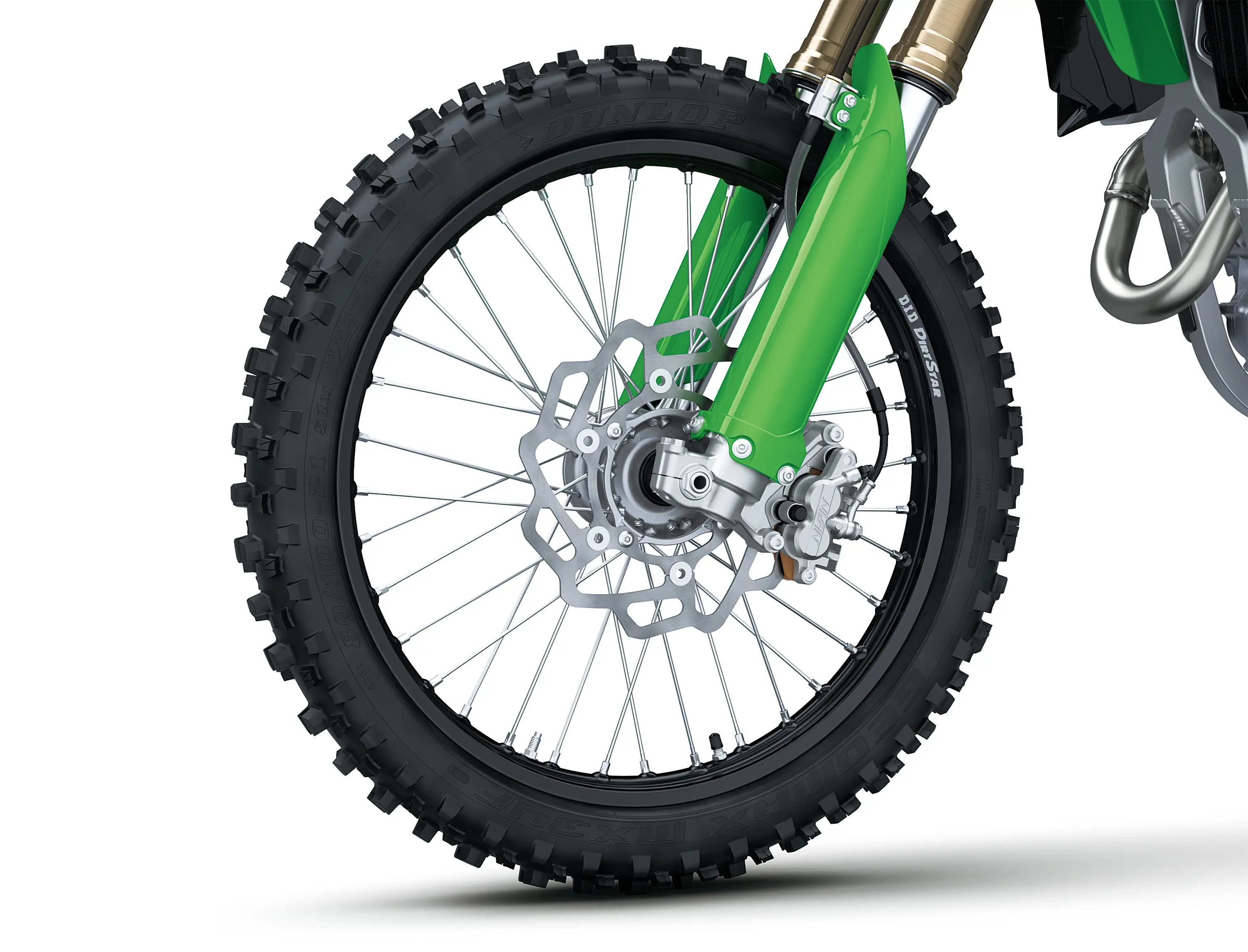Close-up of the front wheel of a motorcycle staged in a white studio background.