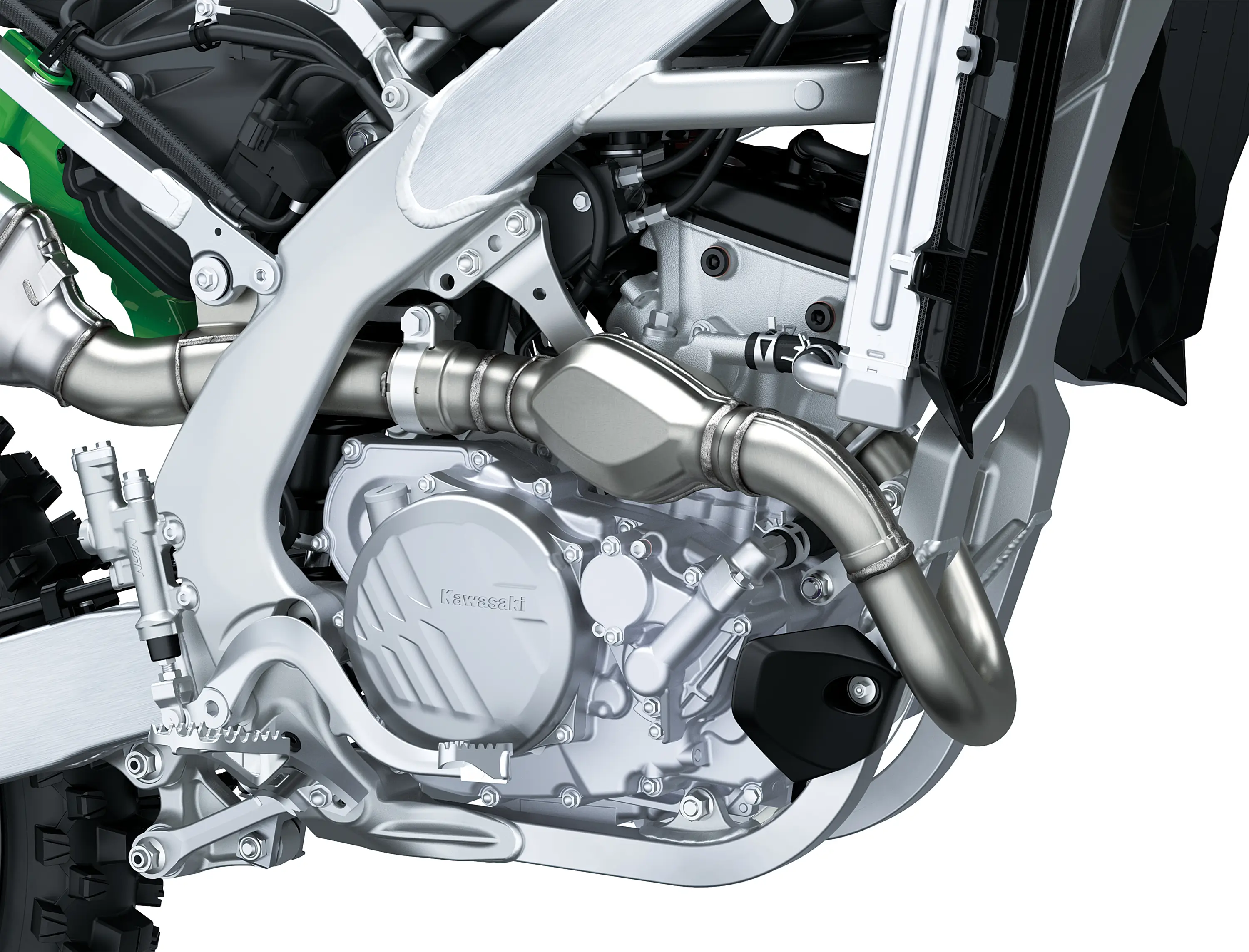 Close-up of the right-side view of the engine bay of a motorcycle staged in a white studio background.