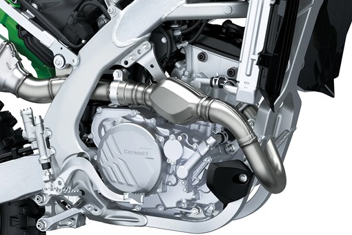 Close-up of the right-side view of the engine bay of a motorcycle staged in a white studio background. opens in a new window