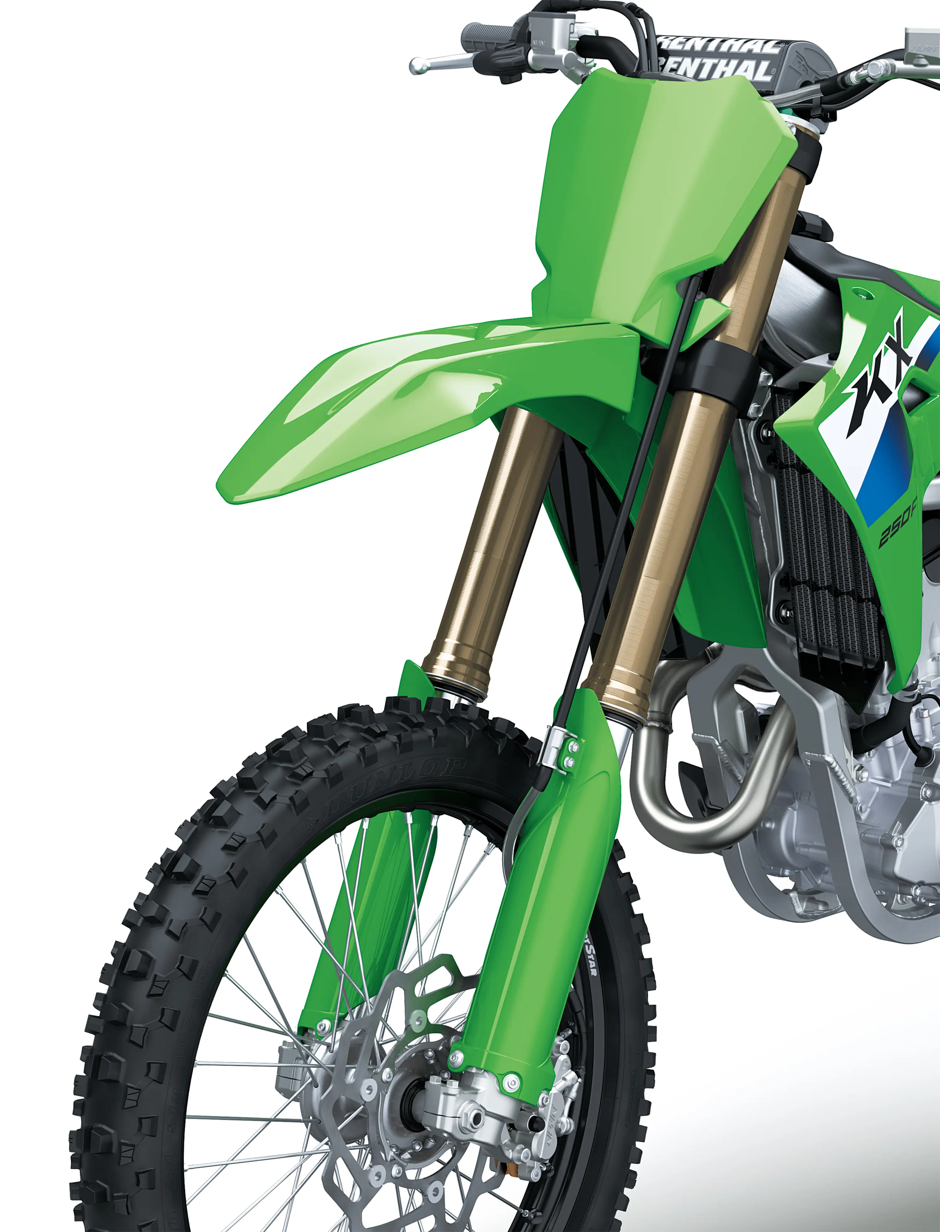 Three-quarter front angle of  the front end of a motorcycle staged in a white studio background.